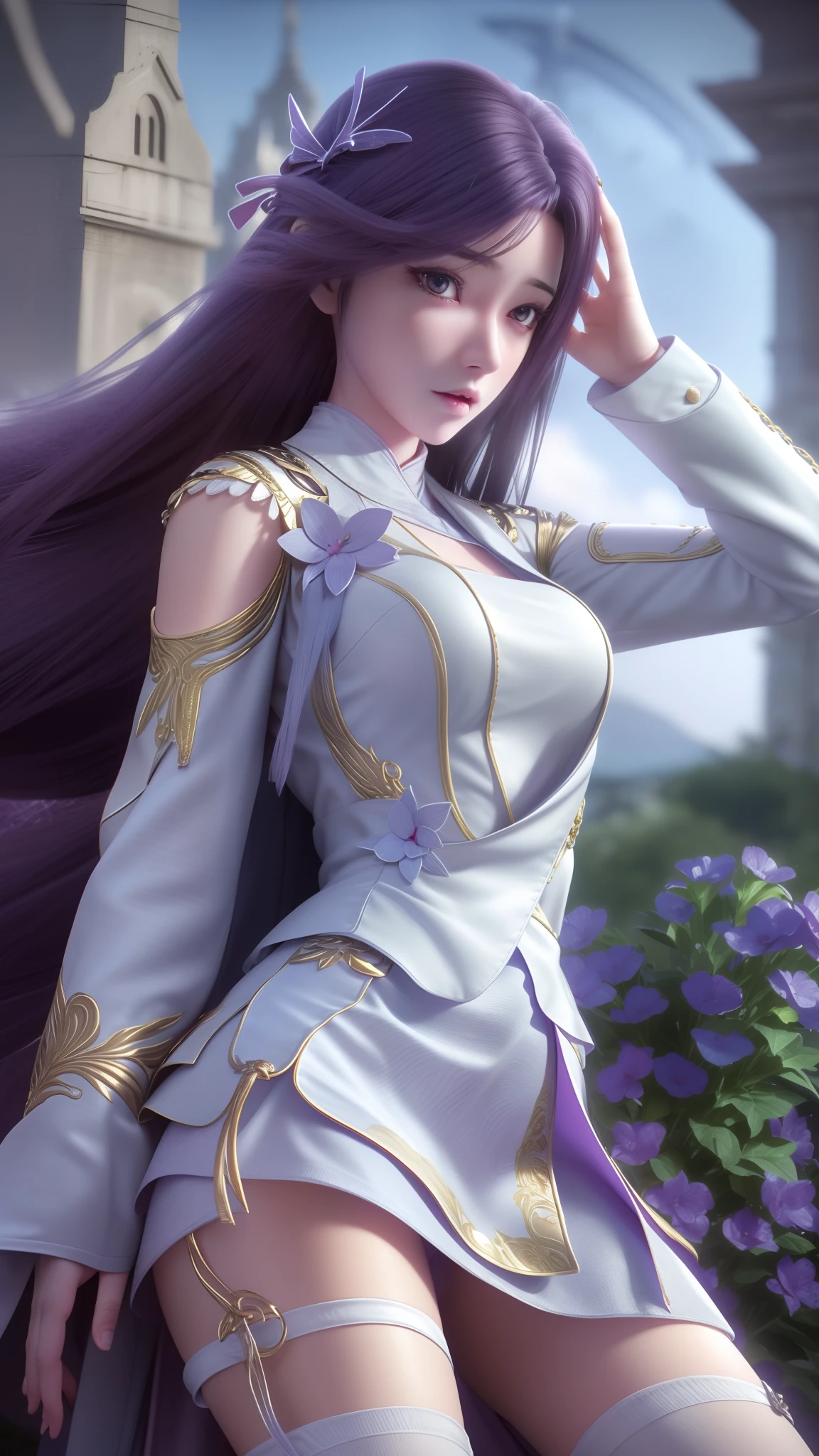 There is a woman in a short skirt and jacket posing for a photo, Surrealism female students, Surrealism female students, Realistic schoolgirl, photorealistic anime girl rendering, small curvaceous loli, thighhighs and skirt, 3 d anime realistic, highly detailed giantess shot, Photorealistic anime, photorealistic full body, [ 4 K photorealism ]!!