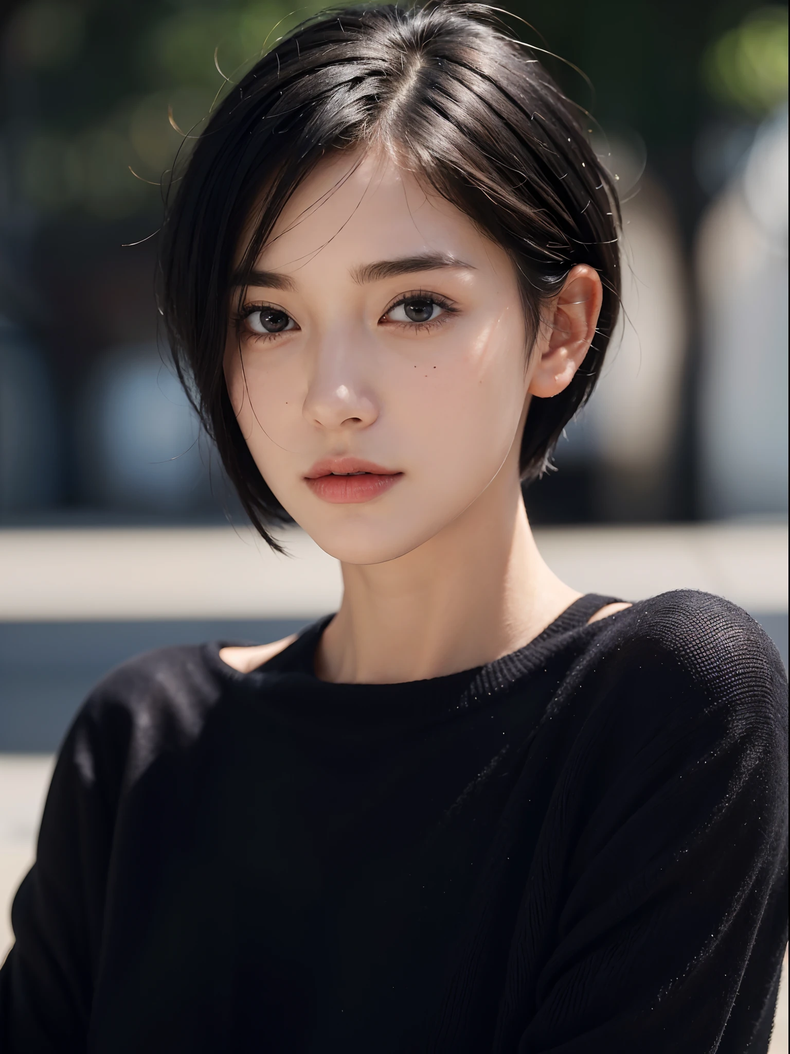 (masterpiece:1.3), (8k, photorealistic, RAW photo, best quality: 1.4), (1girl), beautiful face, (realistic face), (black hair, short hair:1.3), beautiful hairstyle, realistic eyes, beautiful detailed eyes, (realistic skin), beautiful skin, (navy blue sweater), absurdres, attractive, ultra high res, ultra realistic, highly detailed, golden ratio, dark, rim lighting