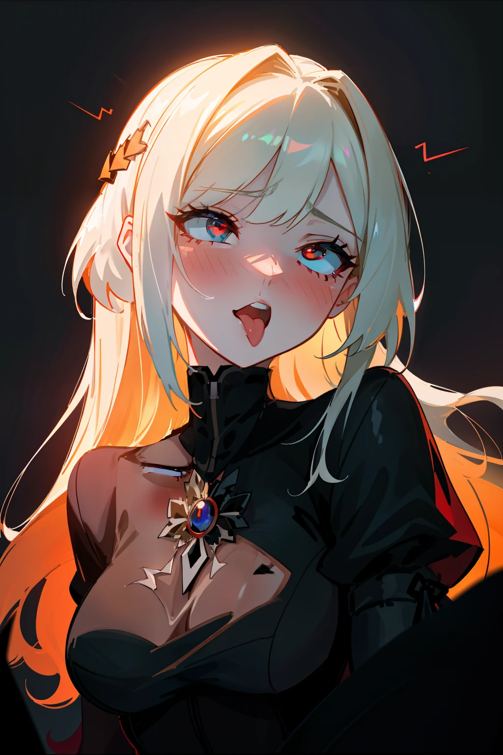 masterpiece, best quality, (colorful), (delicate eyes and face), volumetric light, ray tracing, extremely detailed CG unity 8k wallpaper, serana, 1girl, red eyes, looking at viewer, upper body, ahegao, blush, rolling eyes, tongue out, gloomy castle, dark,
