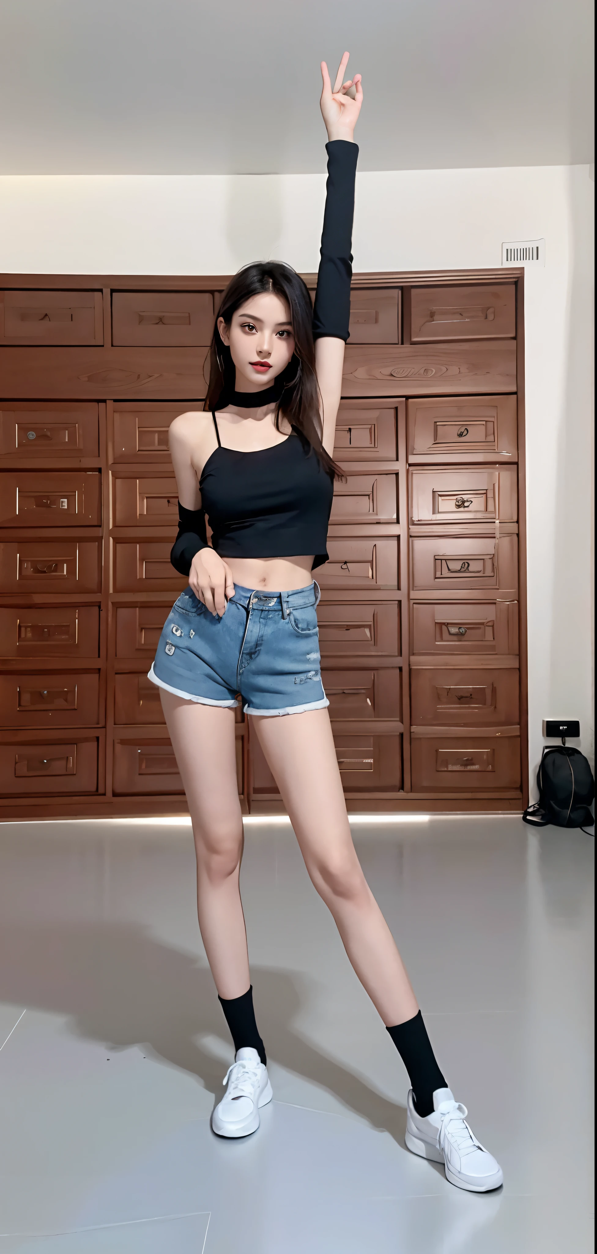 An Aalfed woman in a black top and blue shorts is dancing, pretty face with arms and legs, distorted pose, she is dancing. Realistic, Good hips and long legs, she is dancing, photo of slim girl model, Attractive pose, very beautiful slim legs, full-body xianxia, sexy girl wearing shorts, full body cute young lady, Thin waist