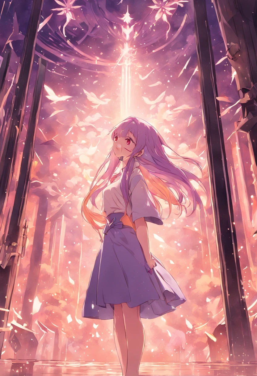 The sweet heroine in the idol drama is gentle and lovely, with long purple hair, personality lips, white tight-fitting short sleeves and light yellow skirt.