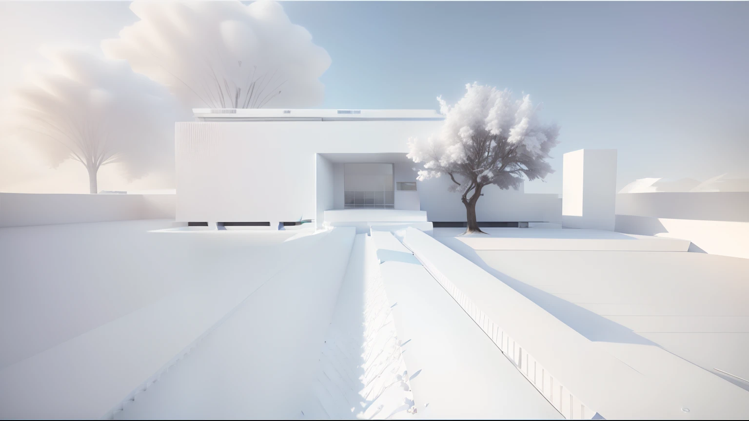 arafed view of a white building with a tree in the middle, all white render, architecture render, render in vray, architectural render, ambient occlusion render, an ambient occlusion render, 3d unreal render, rendered in 3 dsmax, architectural visualization, complex 3d render, complex 3 d render, architecture visualisation, clean render