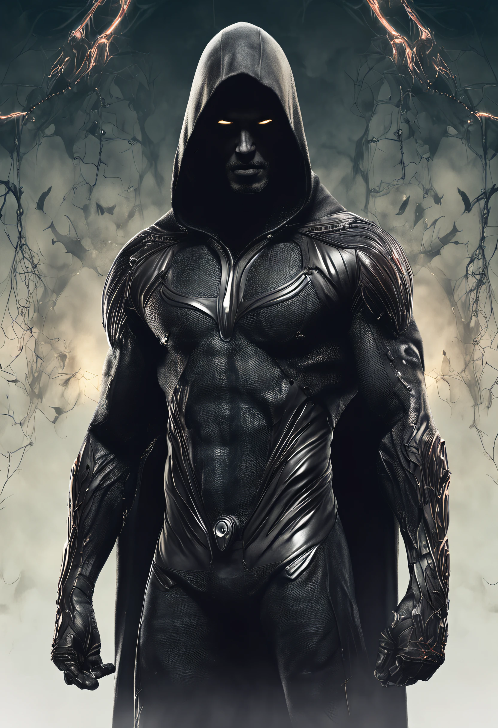 Spiritual being with human characteristics, Homem, muito bonito, gothic style, pela cinzenta quase transparente, in superhero outfit, Mist in the background, olhar sinistro, usando capa preta, hood over head, cabelos pretos, 2 metros de altura, with excellent physical shape, estilo commics