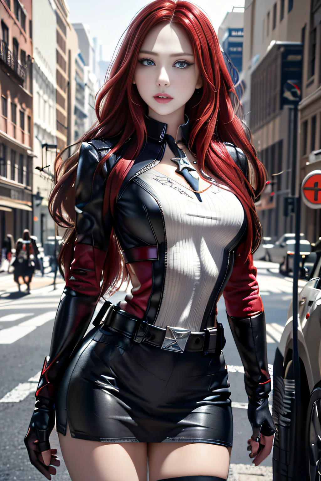 1girll, tmasterpiece, Best quality at best, 8K, detailed skin textures, Detailed cloth texture, Beautiful detailed face, intricately details, ultra - detailed, Captain America's Black Widow,Take a U.S. Team shield in his hand， Straight red hair, dynamicposes，Urban street background，Wide angle background，