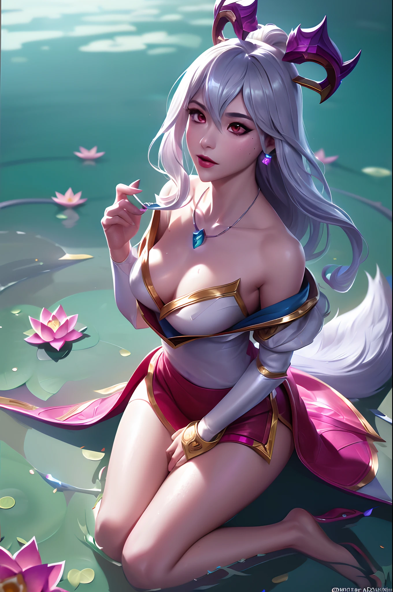 (League of Legends:1.5), anime-background-style-v2, Super Quality, Vaporwave,Synth Wave,weirdcore, dreamy, full body,(core background:1.25),Water ring,
Visual effects:movie lights, [[red, blue, green, yellow, black, white, pink, purple, cowboy shot,
((colorful)), ink and wash painting, delicate and beautiful girl, ((illustration)), ((floating hair)), ((chromatic aberration))]]
(sitting in pool with lotus flower:1.1),(barefoot:1.0),(chinese style garden :1.0),wet
((art of paper-cut)),china ,Red and white,PAPER-CUT,calligraphy,man and wife,(Flower, insect and fish),
white background, full body,（hanfu:1.5)，red lips，light rays，east asian architecture, 1girl, (9tail fox),solo,(extremely detailed CG unity 8k wallpaper, masterpiece:1.4, best quality:1.1, ultra-detailed, best shadow), (chromatic aberration),(detailed background), High contrast, (best illumination, an extremely delicate and beautiful),(beautiful detailed girl:1.1),(ultra-detailed), vibrant colors,sharp focus,seductive,gloss:1.2,(wind lift:1.4), 
realistic, octane rendering, faux figurine, depth of field,
white_paper lantern,torii,Shinto shrine,(cowboy shot:1.1),full body:0.7,((from above)),((silver hair)),collarbone, (shiny skin:1.5),small breasts,beautiful detailed eyes, necklace ,earrings,hair ornament,sweat ,blush ,very short hair,perfect face:1.1,gorgeous body, (shiny skin:1.3) ,(high detailed skin texture:1.1),
detailed skin,
red eyes,stars in the eye,sevil smile,Gold_Triangle earrings,necklace, pink_hairpin,eyeball,eyeliner, (floating hair:1.21)
Black Kimono with red mandala flowers,Stockings,
(dynamic pose:1.2),sitting on the desk,looking to the side, (original) , (very detailed wallpaper) , (best quality) , (masterpiece) , photographic reality, realistic, very detailed illustrations, (extremely intricate:1.2) , beautiful eyes, (delicate face) , perfect detail, (best lighting) , (super complex details) , doujin cover,