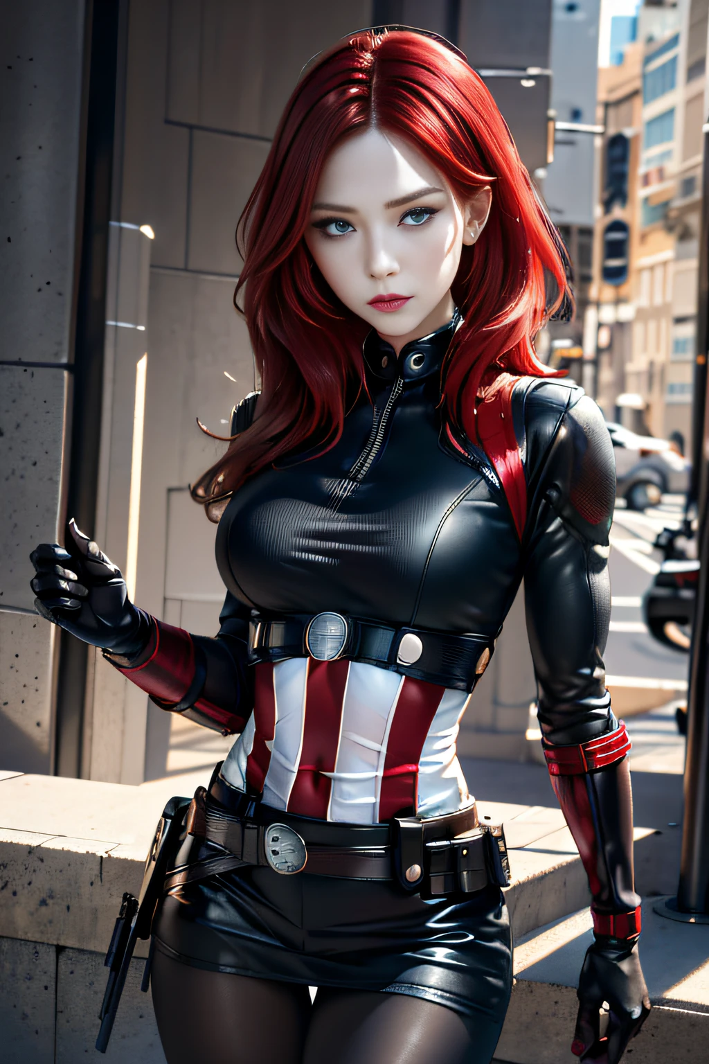 1girll, tmasterpiece, Best quality at best, 8K, detailed skin textures, Detailed cloth texture, Beautiful detailed face, intricately details, ultra - detailed, Captain America's Black Widow,Take a U.S. Team shield in his hand， Straight red hair, dynamicposes，Urban street background，Wide angle background，