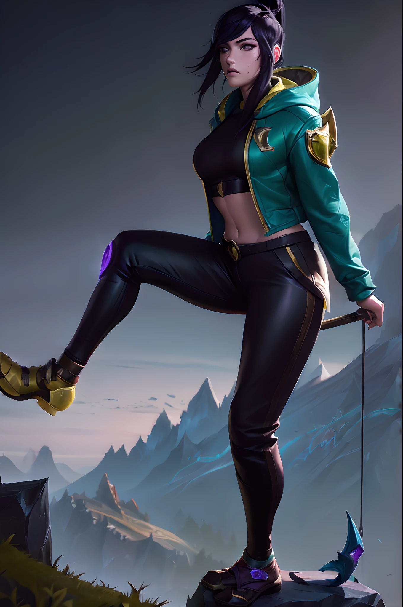 (League of Legends:1.5),  contrast between light and dark,Dark environment.The strong light shining on girl's body,best quality,masterpiece,(photorealistic:1.4),1girl,solo,shirt,(pureerosface_v1:0.5),(ulzzang-6500-v1.1:0.5),ponytail,black hair,black eyes,climbing trousers,plateau,mountain,cliff,stream,climbing shoes,in a meadow,flowers on the mountain,(violent sweating:1.2),mountain wind,flowing hair,(looking_afar:1.3),(green hardshell jacket:1.2),(stand on the top of the hill:1.4),