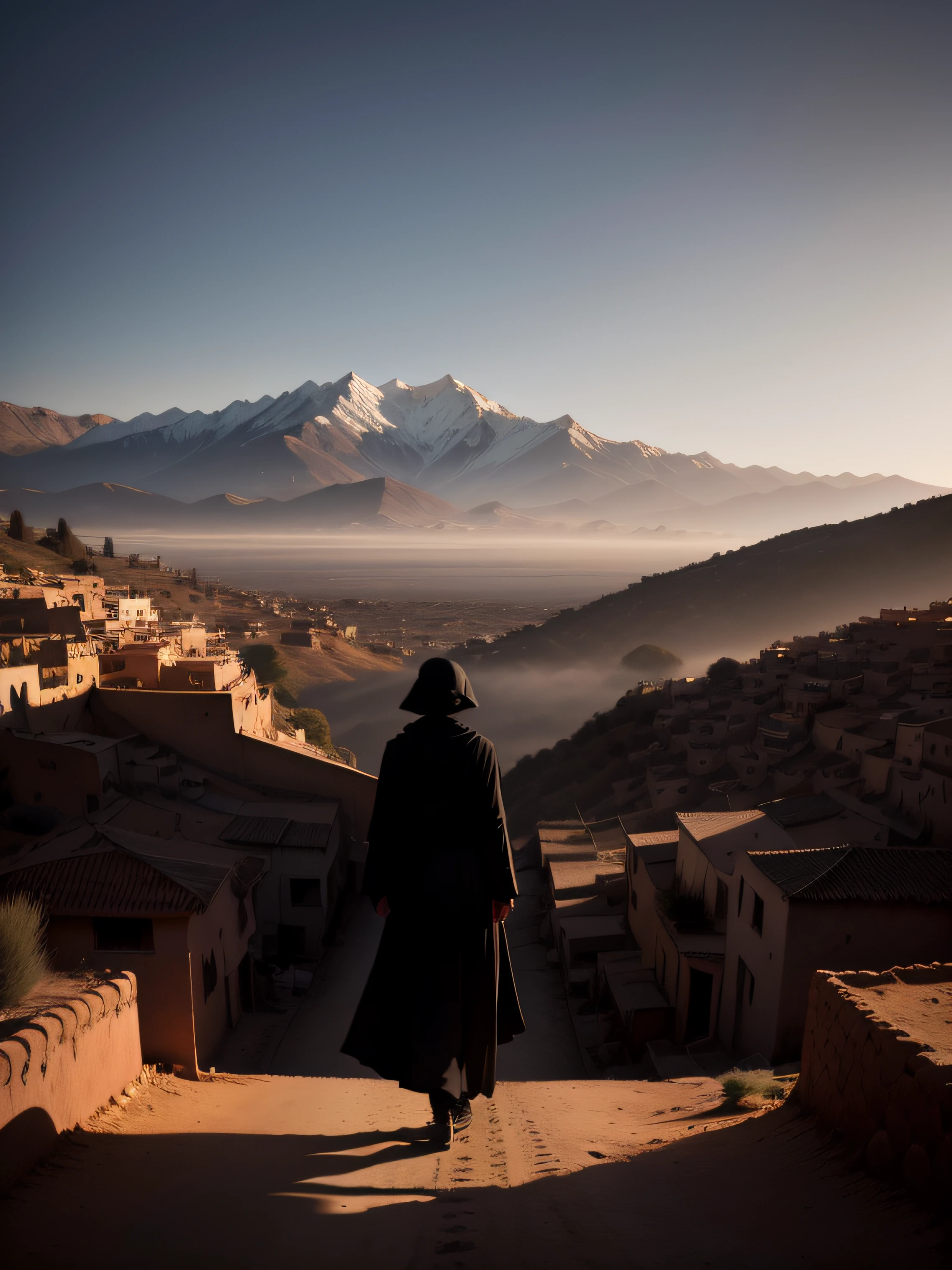 "Create a dark movie poster depicting a story of crime and love set in a picturesque Moroccan village, with a touch of bipolar disorder, showcasing the stunning silhouette of mountains, without any text,."