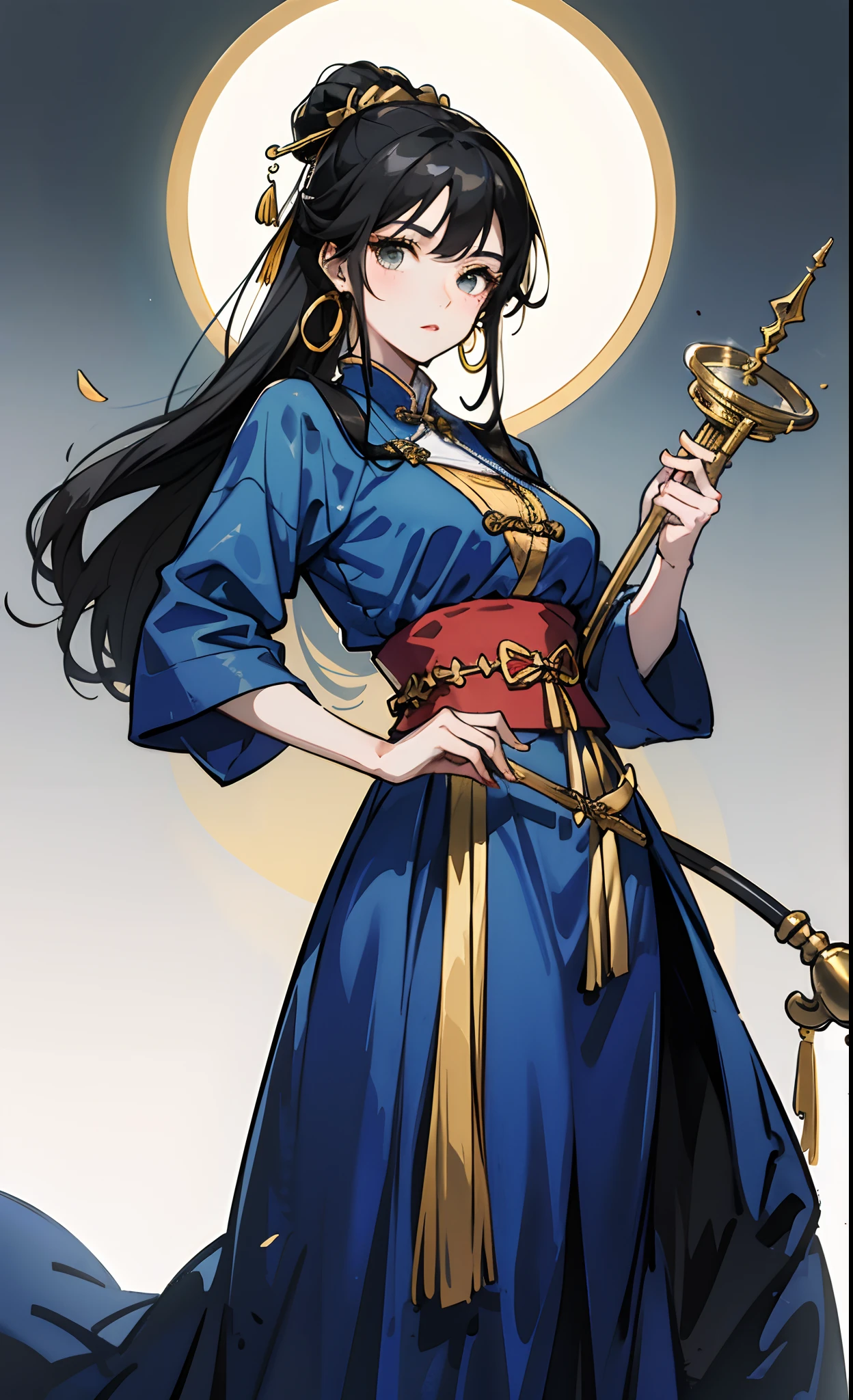 schoolgirls,blue clothes,Song dynasty costumes,black color hair,Holding a golden hoop rod in hand