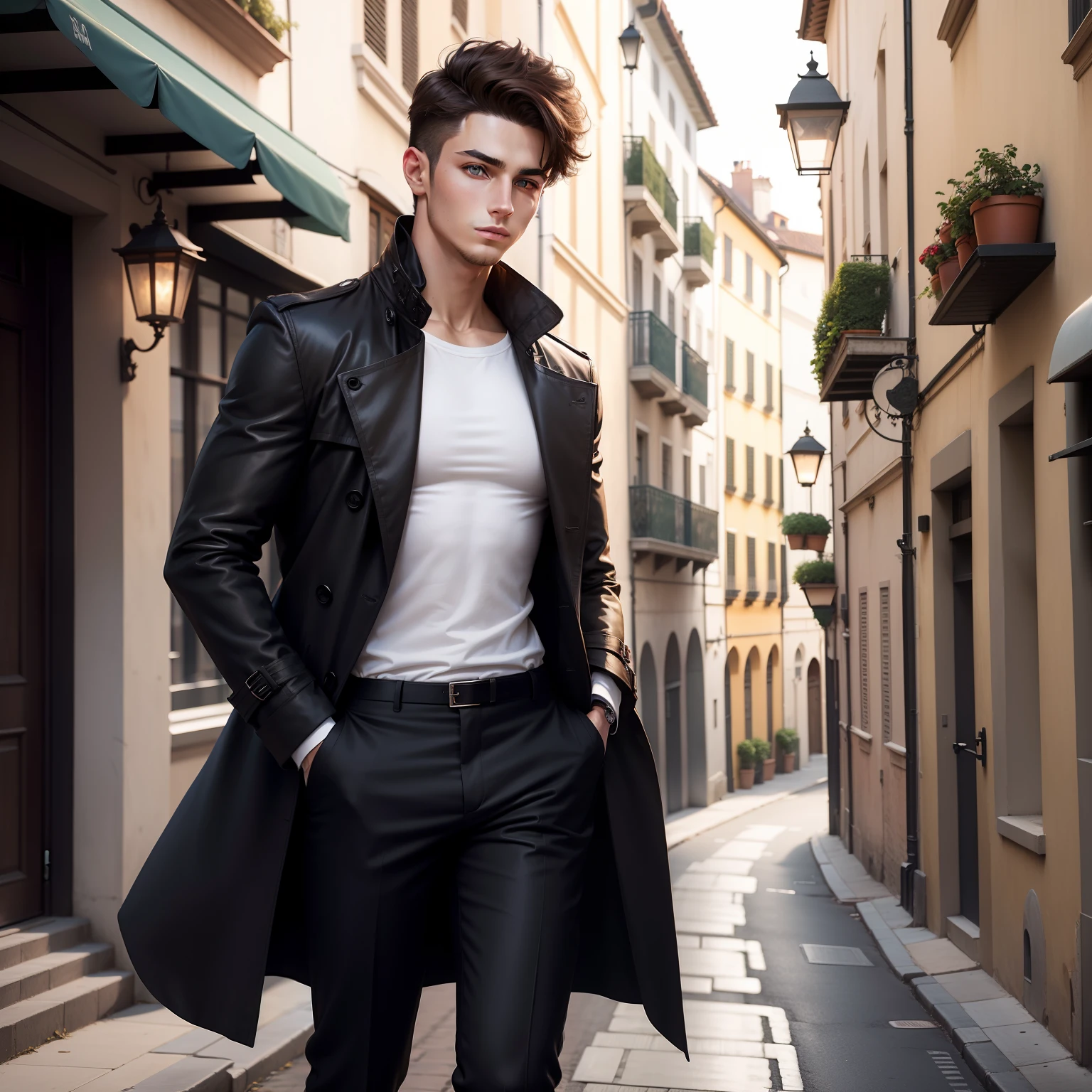 Young man with short brown hair,eBlue eyes,Italian style,leisure wear+white shirt+Black trench coat+Trousers+athletic sneakers