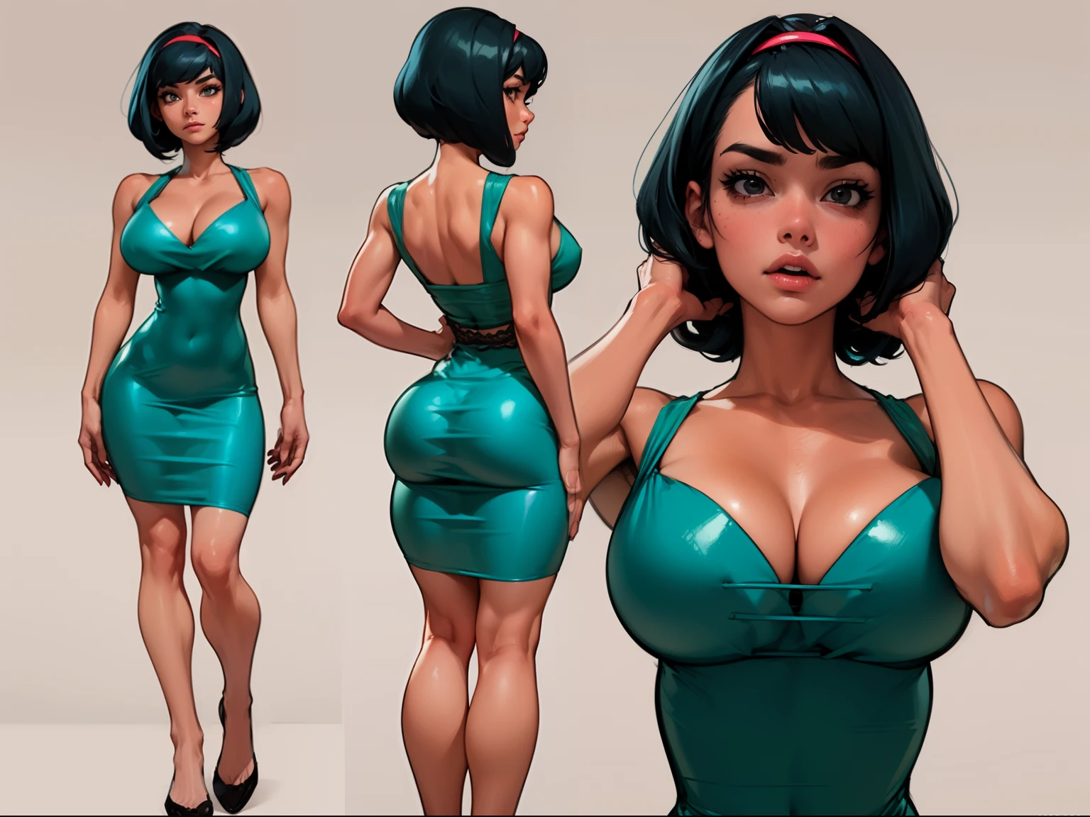 ((masterpiece)),(((best quality))),((character design sheet)), ((full body view)) illustration,1girl, muscular, ((tight mintgreen dress:1.2)), buttercup, (mintgreen hairband),(dark black hair:1.3), greendress ((detailed face:1.4)) beautiful woman, slick bobcut, (black corset:1.1)shiny skin, thick legs, scribbles and marks, , rough sketches, pose, 8k,16k, (simple background, white background: 1.3)