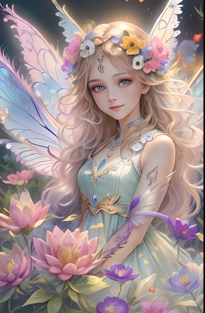 Cute flower fairy ,Colorful wings, Hold the scepter,Beautiful sparkling ocean、surrounded by colorful flowers,transparent wings,luminescent wings、kindly smile、Summer background、Gentle and transparent fairy、WaterColor Paint,Beautiful garden background,Bright rainbow-colored landscape,plethora of colors,Rich in elements,Facial features are super detailed,anatomy correct,Epic composition, Epic romantic fantasy digital art,Epic fairy tale fantasy digital art,Mythological fantasy,Ultra-high sharpness、k hd、8K、Detailed detail drawing,realisticlying,Very realistic,cinmatic lighting,an award winning photograph