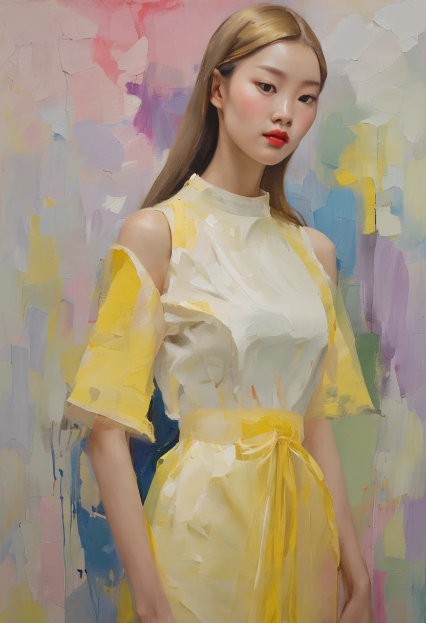 The sweet heroine in the idol drama is gentle and lovely, with long purple hair, personality lips, white tight-fitting short sleeves and light yellow skirt.
