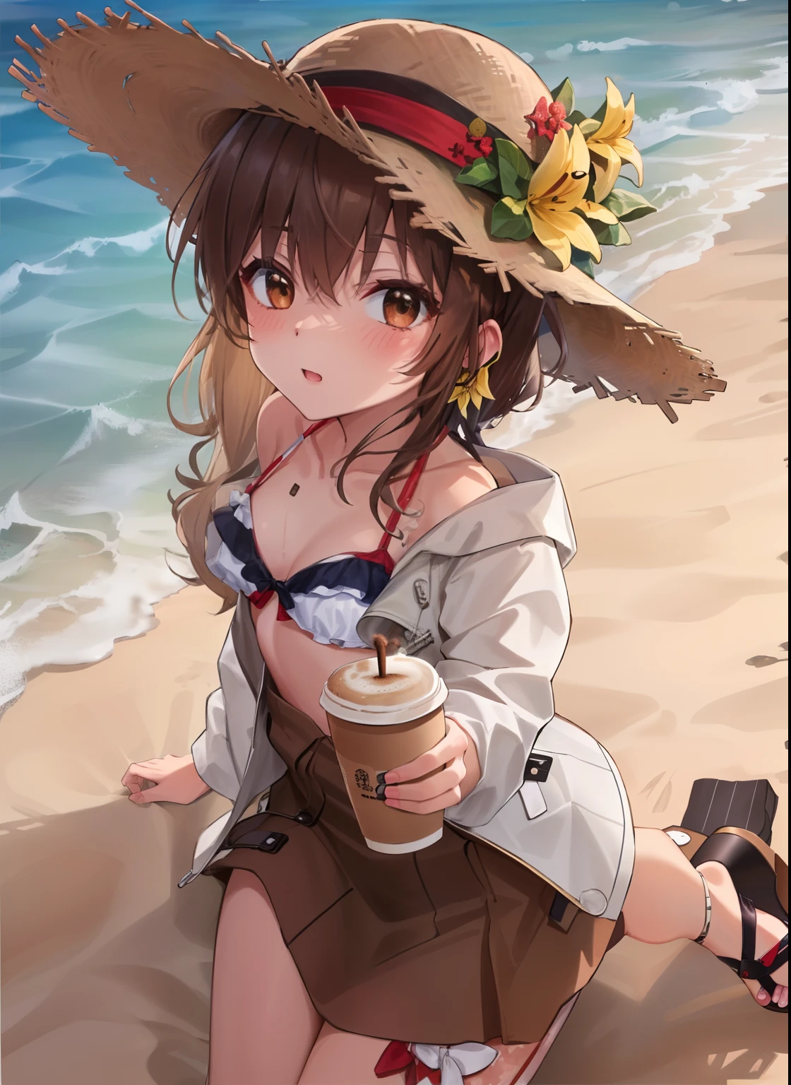 1girll, Solo, (Be red in the face:1.3), straw hat, yellow lily on hat, brown hair, brown eyes, white jacket on shoulder, bikini, beach, coffee on hand, ribbon, looking at viewer. checker pattern. paleo, sandal.