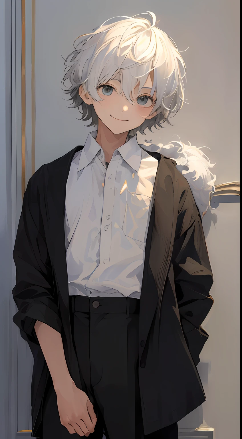 (​masterpiece、top-quality、hightquality)、1 juvenile、14-year-old boy、(A smile))Look at viewers、white  hair、Straight Hair Medium、fluffy hair、grey  eyes、White shirt、Black pants、dynamic ungle、Lateral face、profile、Angled
