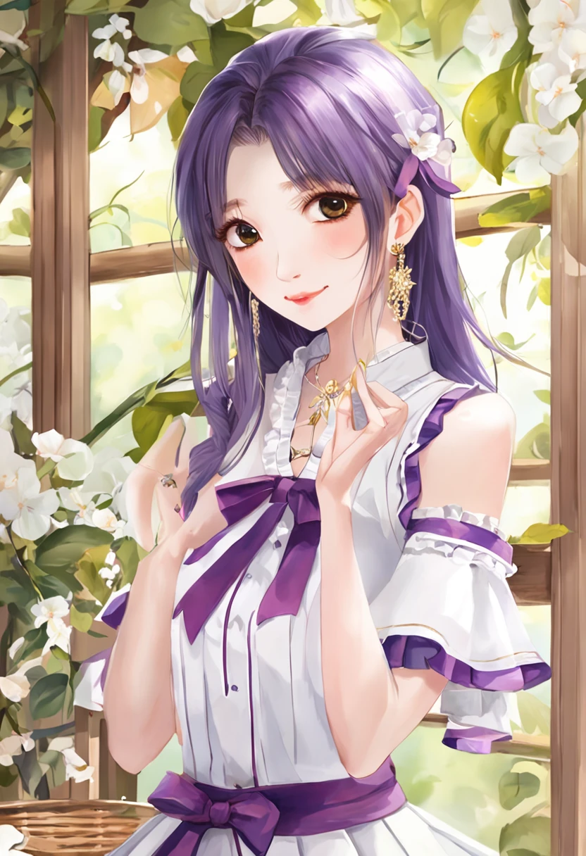 The sweet heroine in the idol drama is gentle and lovely, with long purple hair, personality lips, white tight-fitting short sleeves and light yellow skirt.