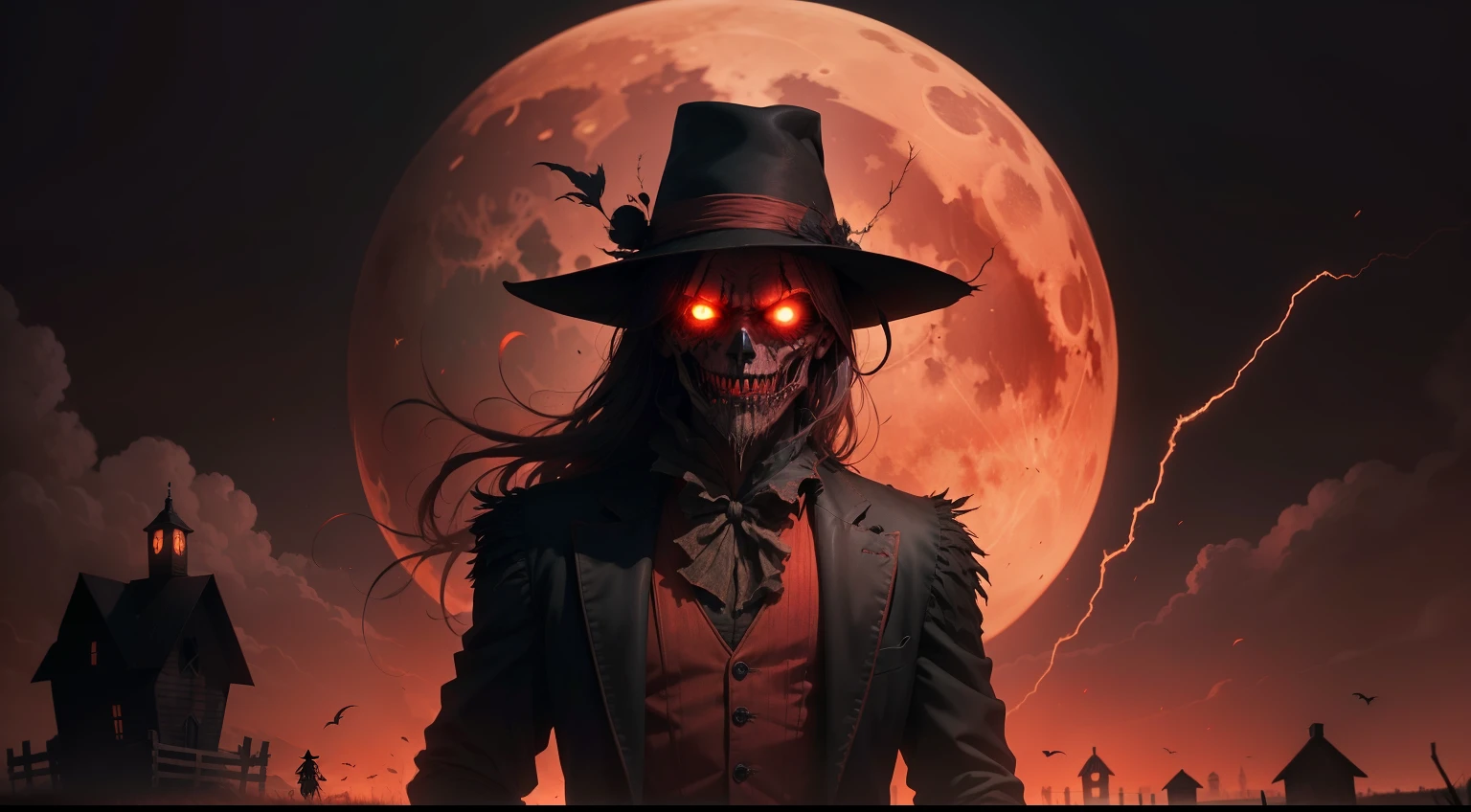An eerie scarecrow stands before a weathered barn amidst a field of towering cornstalks, illuminated by the crimson glow of a red moon. The scene evokes a sense of dread and foreboding. Art Style: Surreal
Inspired by: Salvador Dali
Details: The scarecrow's tattered clothes flutter in an unseen breeze, its grotesque features a blend of human and otherworldly elements.
Color Temperature: Cool tones with a crimson tint
Facial Expressions: The scarecrow's face bears a twisted grin, accentuating the unsettling atmosphere.
Lighting and Atmosphere: Harsh, angled light from the red moon casts eerie shadows, intensifying the unsettling ambiance.