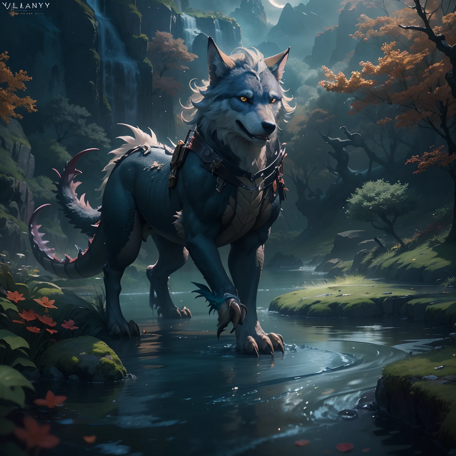 tmasterpiece，Best quality at best，high high quality，the Extremely Detailed CG Unity 8K Wallpapers，An enchanting and dreamy scene of a fantasy forest，Towering trees，Mountains and lakes with moon in the sky，Highly detailed digital art in 4K，4K HD wallpapers very detailed，impressive fantasy landscape，Sci-fi fantasy desktop wallpaper，Unreal Engine 4K wallpapers，4K detailed digital art，Sci-fi fantasy wallpaper，Epic dreamy fantasy landscape，4k hd matte digital painting，8K stunning artwork，half wolf, The half-dragon stands on its hind legs in the water,Sideways photo，There are four hands，There are extra-long dragon tails。There are vertical scales on the back。The eyes are fierce。Has big furry ears。The villain is handsome，Strong and powerful, Dramatic cinematic details fur, hyper realistic fur, highly realistic photograph, cinematic full body shot, cinematic full shot, guardian of the holy lake, adventure hyper realistic render, volumetric fur, ultra-realistic picture, Make a gesture of majesty, hyperreal rendering，A combination of mythical creatures, The perfect combination of wolf and dragon。