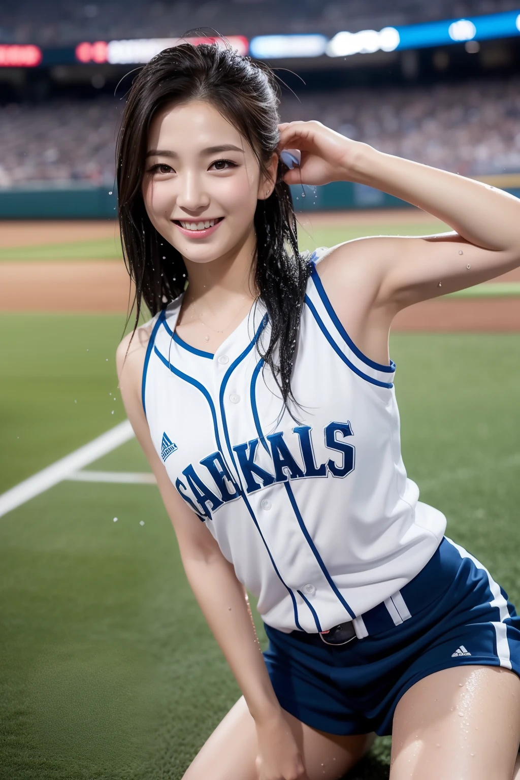 (Best Quality, 8k, 32k, Masterpiece, UHD:1.2), (1 slender woman of Japan, 28 years old, tall gravure model), Dark Brown Hair, ((Hair up)), Bright in the foreground, Professional Lighting, Photon Mapping, Radiosity, shading:1.3, (High Definition Skin:1.2), huge breasts:1.5, (shorts, Exposed Shoulder:1.1), Random Pose, squatting with legs open, ((provocative dynamic pose)), (she is wet), Top-Down View:1.5, (baseball Uniform:1.1), Ultra Detailed Face, Detailed Lips, Detailed Eyes, Double Eyelids, Inside the Stadium, looking camera, (sensual gaze to the photographer, lips slightly open), BREAK clear sky, baseball stadium, Spectators get excited, confetti flies, Happy smile,