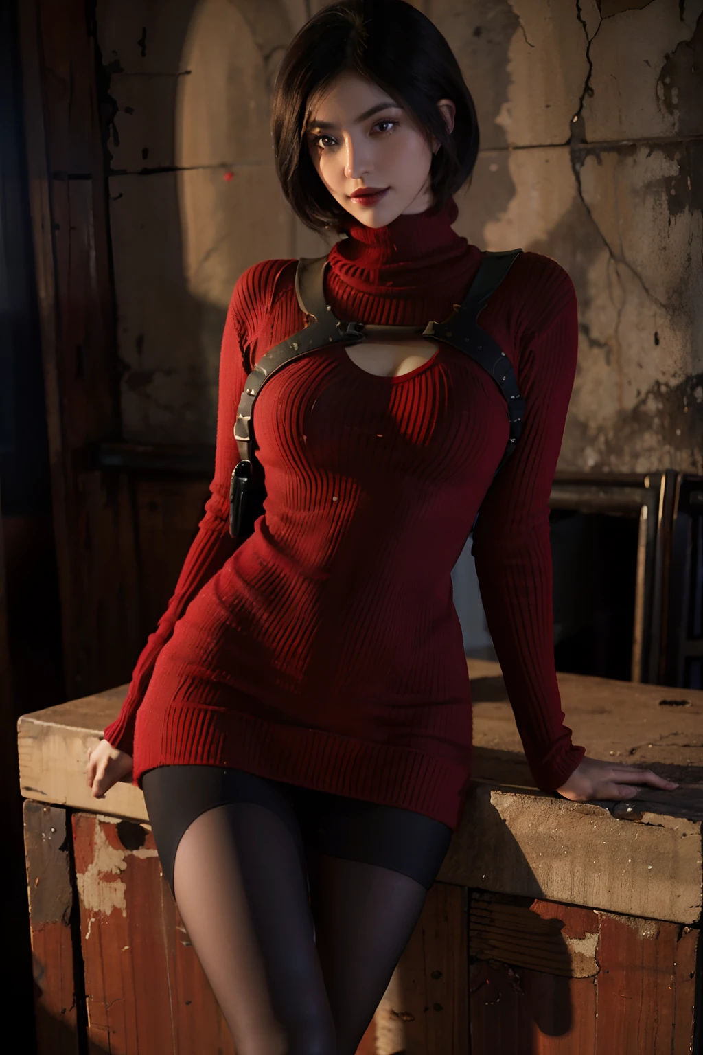 1girl, RE4, red sweater dress, gola alta, Ribbed sweater, botas de coxa, Black pantyhosebloom, harness, melhor qualidade, obra-prima, ultra alta res, (fotorrealista: 1.4), 1girl, dark backdrop