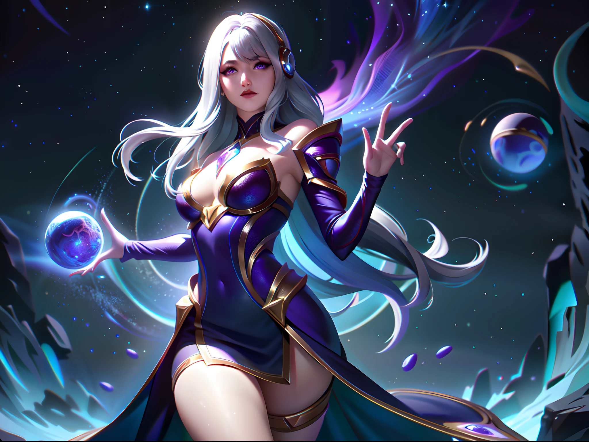 (League of Legends:1.5),Astrid, the Graviton Slinger, is depicted in her splashart as a powerful and enigmatic force, wielding her gravitational manipulation abilities with mastery. The scene takes place in a celestial realm, where stars and cosmic energy illuminate the vastness of space.
Astrid possesses an otherworldly beauty, with flowing silver-white hair that seems to shimmer with the brilliance of distant stars. Her skin has a faint celestial glow, radiating with the power she commands. She wears a sleek, futuristic suit adorned with intricate patterns that resemble constellations and gravitational fields. The suit hugs her figure, emphasizing her strength and agility.
In the center of her palms, Astrid generates orbs of gravitational energy, each pulsating with vibrant hues of purple and blue. These energy orbs form the foundation for her gravitational abilities. Surrounding her, smaller orbs and filaments of energy spin and orbit, representing the gravitational fields she creates and manipulates.
Astrid's eyes emit an intense, piercing gaze, glowing with the same gravitational energy that courses through her. Her expression conveys both focus and determination, revealing her unwavering control over the forces she wields.
The backdrop of the splashart showcases the vast expanse of space, filled with distant galaxies and nebulae. Ethereal strands of gravitational energy weave through the cosmos, forming intricate patterns and connecting celestial bodies. The scene creates a sense of awe and wonder, as Astrid harnesses the fundamental forces of the universe.
The color palette is dominated by deep purples, blues, and blacks, reflecting the cosmic nature of Astrid's powers. The vibrant energy orbs stand out against the dark backdrop, adding a dynamic and captivating element to the splashart, splashart, linhas de corpo, cores vibrantes, detalhes requintados, cinemactic, artstation, rosto detalhado, por rossdraws, por Kienan Laf,normal hands,holding ball,