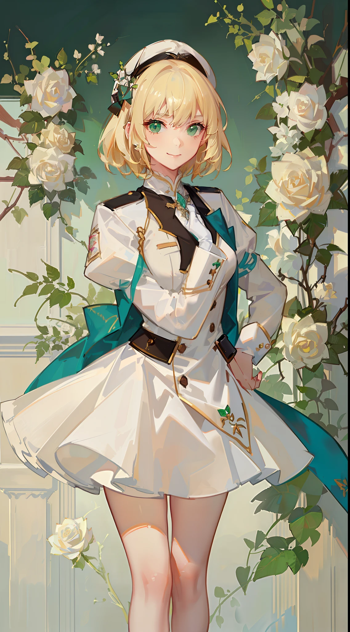 Young guy, short blonde hair with white strands, Green eyes, white officer's uniform, ssmile, White rose in hand, Crystal Rose, Masterpiece, hiquality