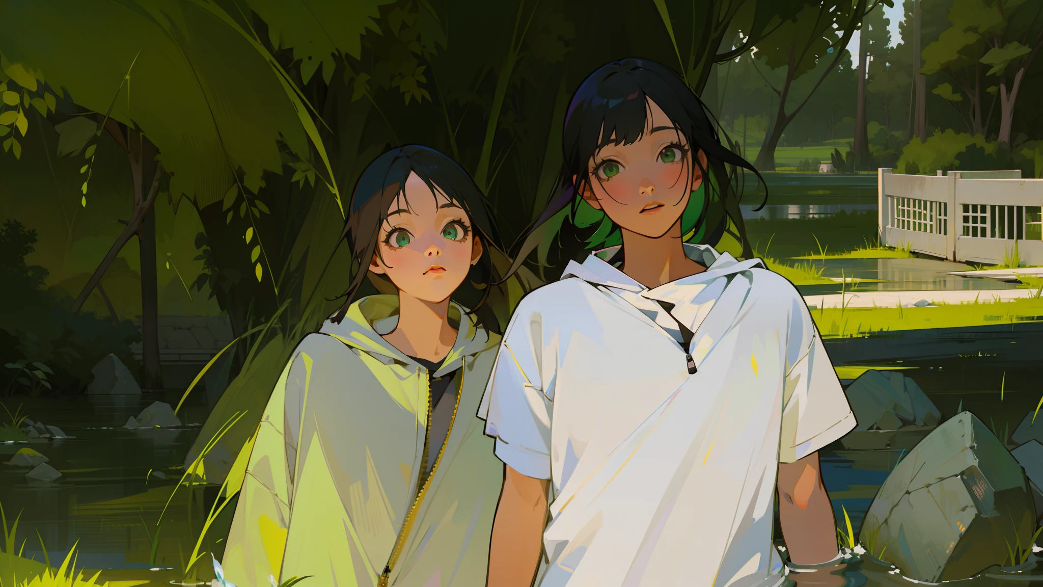 mksks style, (very detailed background:1.0), (highly detailed background:1.0), 1girl, full_body, looking_at_viewer, hoodie, partially_unzipped, masterpiece, best quality, (1girl, solo, girl:1.2), lake, grass, walking on water, jumping, stone ruins, chromatic aberration, depth of field, soft lighting