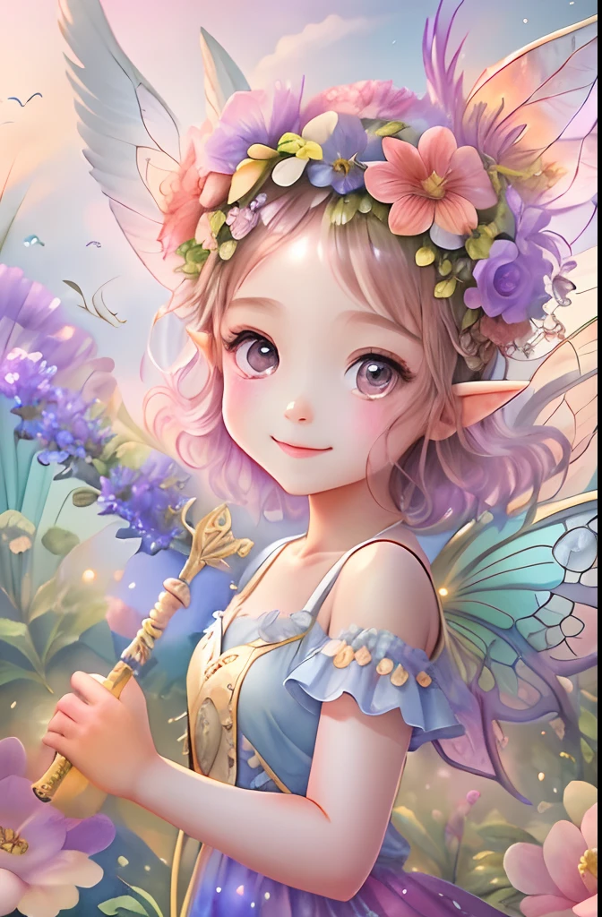Cute flower fairy baby,Colorful wings, Hold the scepter,Beautiful sparkling ocean、transparent feathers、kindly smile、Summer background、Gentle and transparent fairy、WaterColor Paint,Beautiful garden background,Bright rainbow-colored landscape,plethora of colors,Rich in elements,Facial features are super detailed,Ultra-high sharpness、k hd、8K、