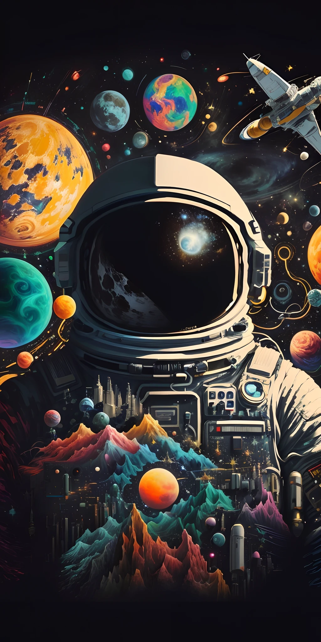 A painting of astronauts in space surrounded by planets, space, amazing wallpapers, Viagens espaciais, cosmic space, astronauta detalhado, Viagens espaciais, cosmic space, arte espacial, lonely astronaut, surreal space, cosmic ambient, Grande arte digital com detalhes, space themed, staring into space, outerspace, astronauta, space colors, Arte digital altamente detalhada em 4k