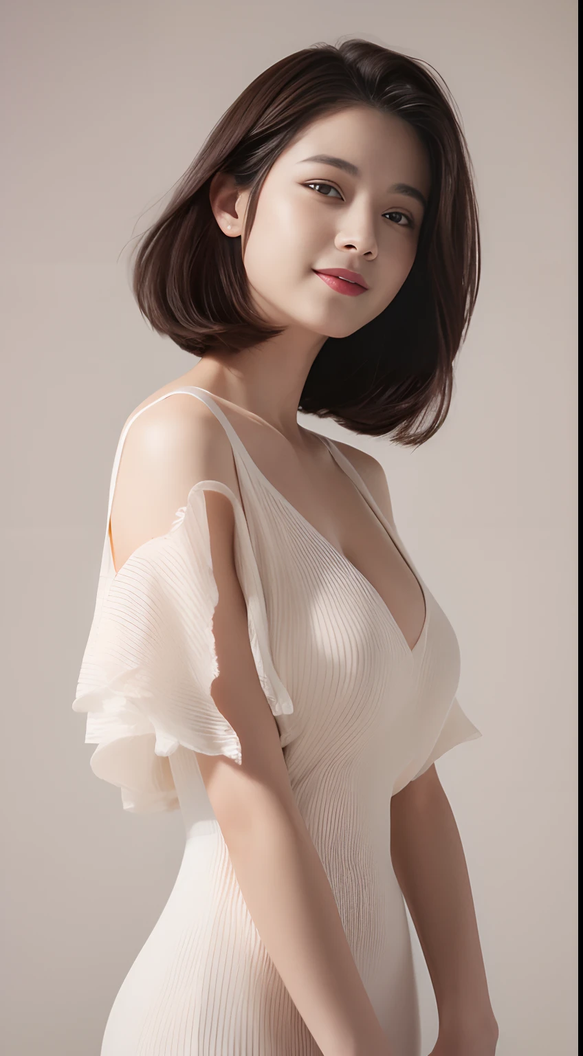 ((Best Quality, 8K, Masterpiece: 1.3)), 1girl, Slim Abs Beauty: 1.3, (Hairstyle Casual, Big Breasts: 1.2), Dress: 1.1, Super Fine Face, Delicate Eyes, Double Eyelids, Smile,Glows in high detail, white backgrounid, industrial design, studio lit, C4D, OC renderer, Clean shadows, 4K