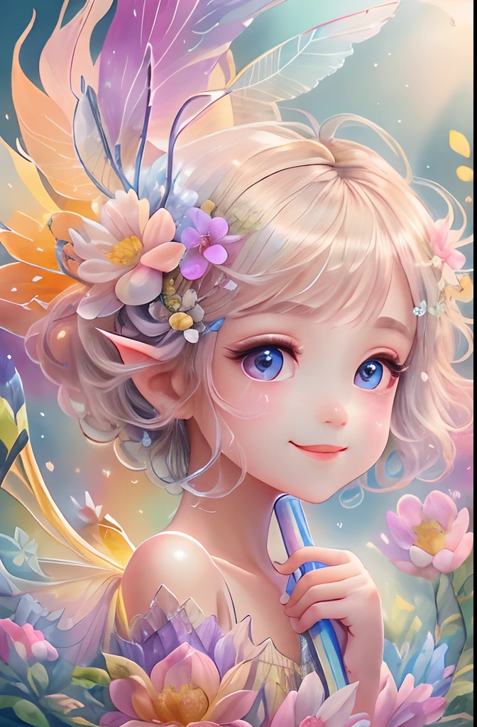 Cute flower fairy ,Colorful wings, Hold the scepter,Beautiful sparkling ocean、transparent feathers、kindly smile、Summer background、Gentle and transparent fairy、WaterColor Paint,Beautiful garden background,Bright rainbow-colored landscape,plethora of colors,Rich in elements,Facial features are super detailed,Ultra-high sharpness、k hd、8K、