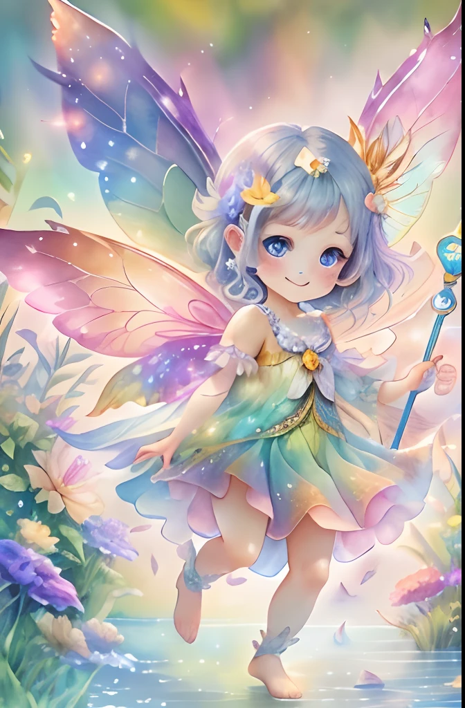 Cute flower fairy ,Colorful wings, Hold the scepter,Beautiful sparkling ocean、transparent feathers、kindly smile、Summer background、Gentle and transparent fairy、WaterColor Paint,Beautiful garden background,Bright rainbow-colored landscape,plethora of colors,Rich in elements,Facial features are super detailed,Ultra-high sharpness、k hd、8K、