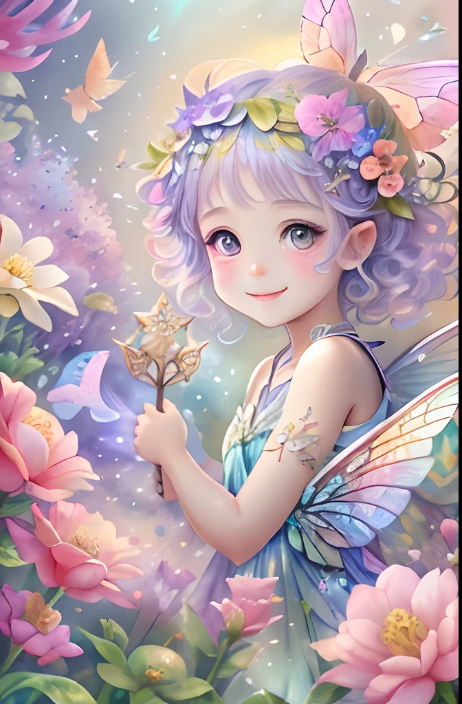 baby, angel, glitter, cheerful smile, rainbow, light, flower garden, halo -, holding crystal in hand -auto --s2