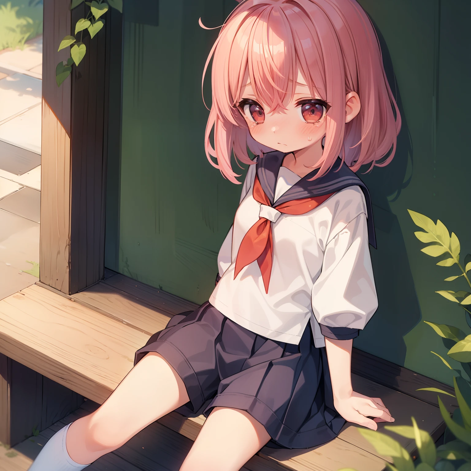 score_9, score_8_up, score_7_up, score_6_up, score_5_up, score_4_up, source_anime, masterpiece, best quality, li, petite, shiny skin, gleaming skin, flat chest, pink hair, short hair, pink eyes, school hat,yellow headwear,pink shirt,long sleeves,name tag,(blue skirt:0.9),white socks,uwabaki,shoulder bag, underbust, embarrassed, on floor, indoors, :o, carpet, Stretch one leg, squatting, black pantyhose,, panties under pantyhose, panties, full body,