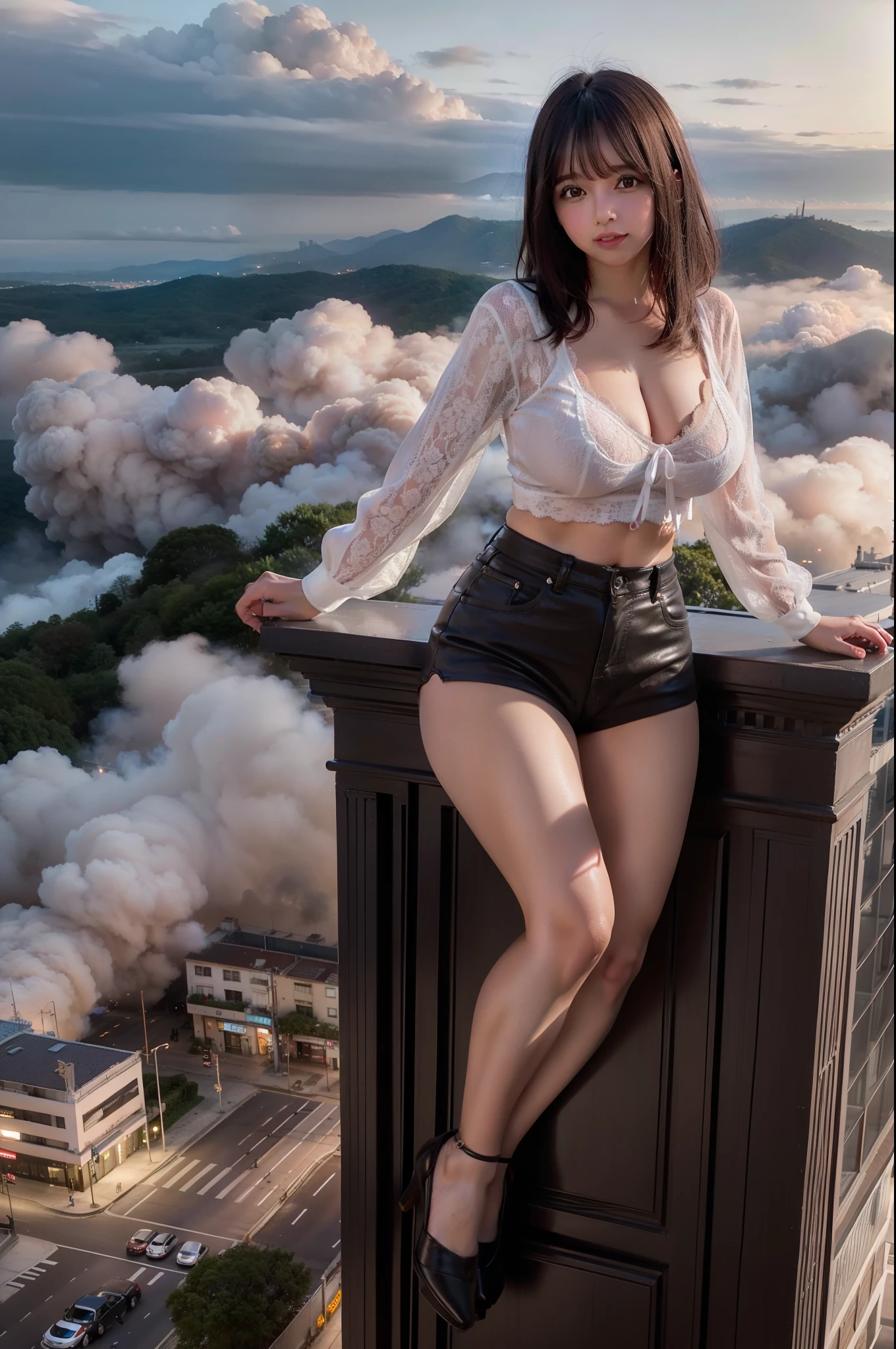 menina gigante usando calcinha de renda branca, mini saia plissada, camisa rosa, Trampling City Buildings and Cars, smoke billowing, nuvem, Evil, realistic lighting, salto em altura, de baixo,