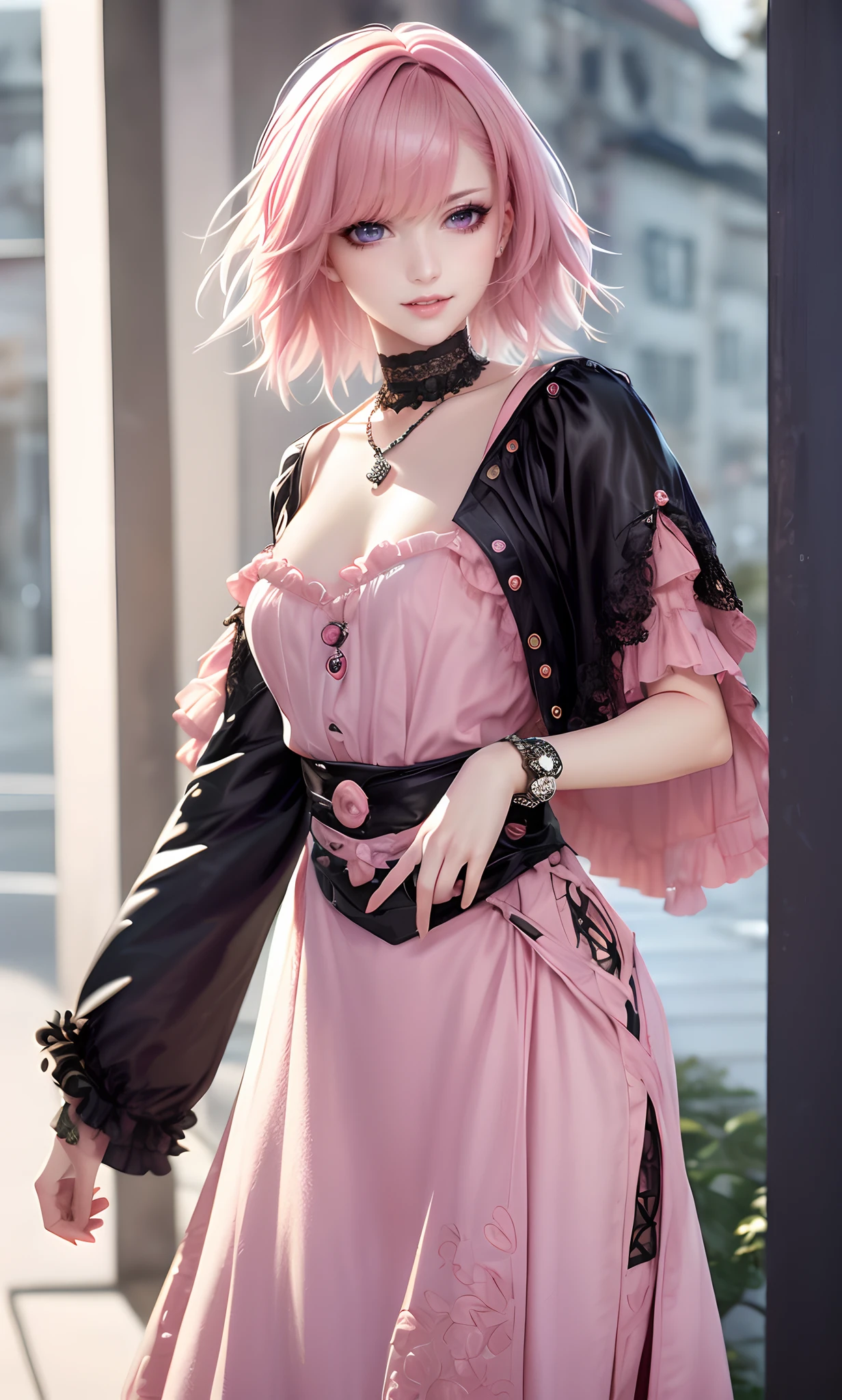 masterpiece, top-quality, ((1womanl)), Adults, different color, finely eye and detailed face, intricate detailes, Casual black and white attire((Sexy clothes)), window, A smile, Happiness, tenderness, high-level image quality、 selfee, Beautuful Women、tall、a small face, D-cups, The upper part of the body、nightfall, nighttime scene、𝓡𝓸𝓶𝓪𝓷𝓽𝓲𝓬、Korea person, Idol Photos, Model photo, k pop, Professional Photos, Vampires, Korean fashion in black and white, Fedoman with necklace, inspired by Sim Sa-jeong, androgynous vampire, :9 detailed face: 8, extra detailed face, detailed punk hair, ((eyes are brown)) baggy eyes, Seductive. Highly detailed, semi realistic anime, Vampires, hyperrealistic teen, Delicate androgynous princess, imvu, ((short hair woman)), Pink hair woman with wild look, Sexy look, ((Woman with short pink hair)), ((1 persons))