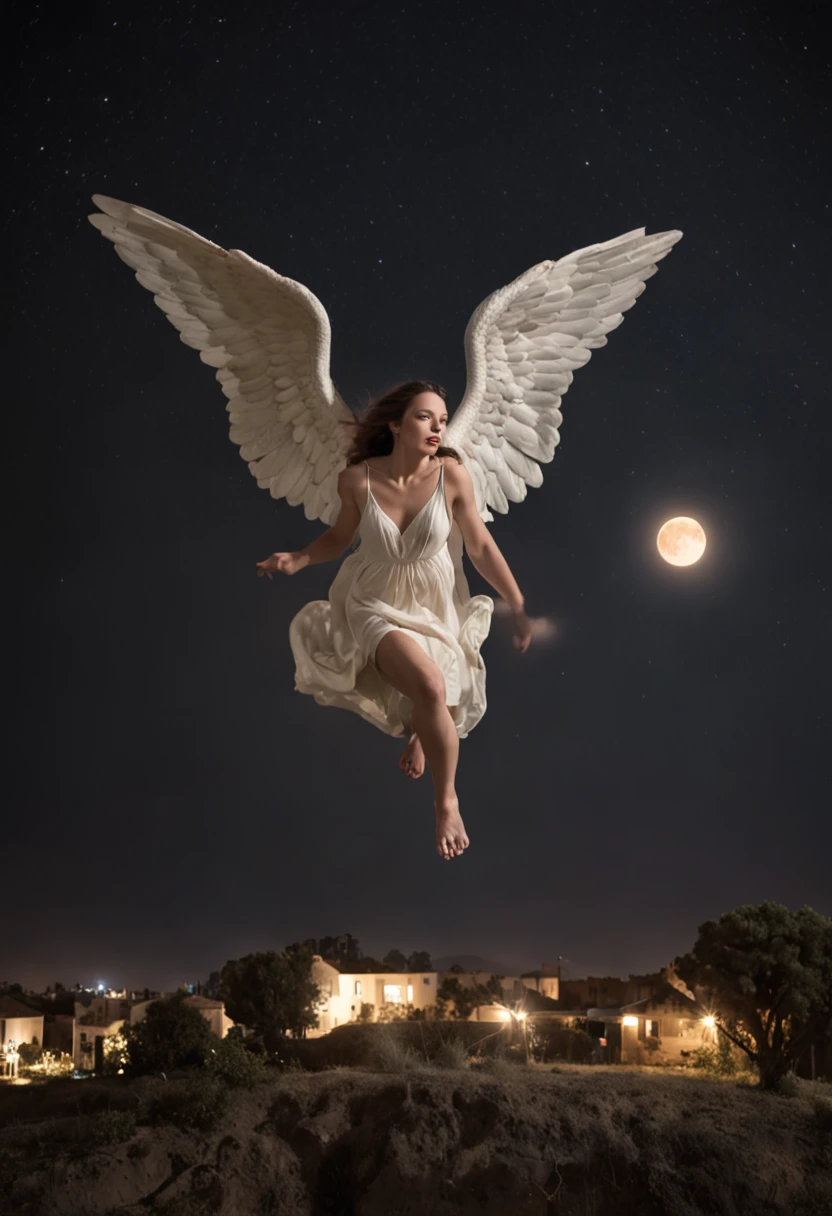 A hyper-realistic scene of 10 angels falling like Satan with the very detailed appearance being thrown out of the sky during the dark night, behind a tiny moon, captured in a photograph of incredible realism. Qualidade  hiper-realista, Photographic