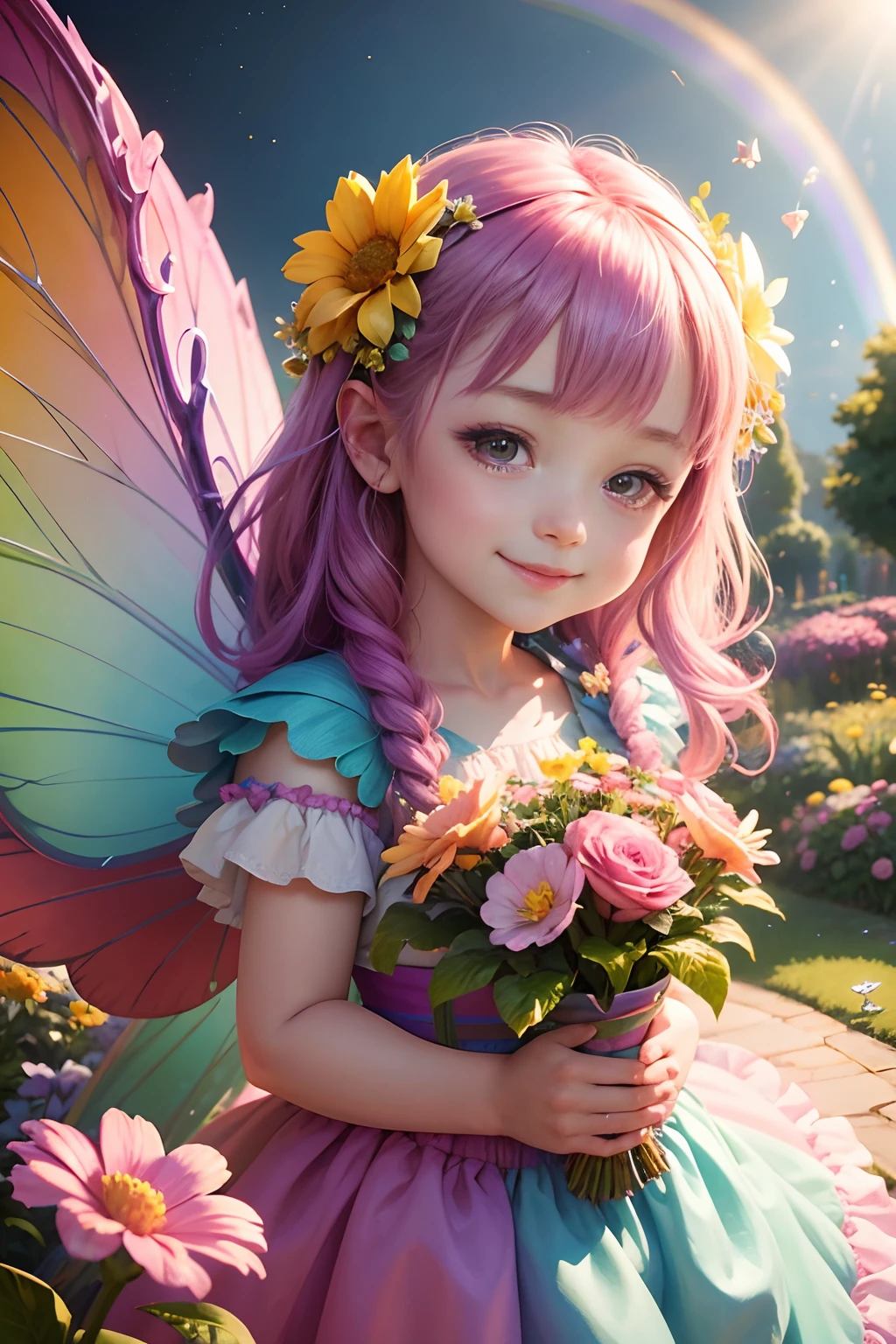Cute flower fairy ，Colorful wings, Hold the scepter，The smile is bright，Let's be happy，Beautiful garden background，Bright rainbow-colored landscape，plethora of colors，Rich in elements，Facial features are super detailed，Ultra-high sharpness、k hd、8K、