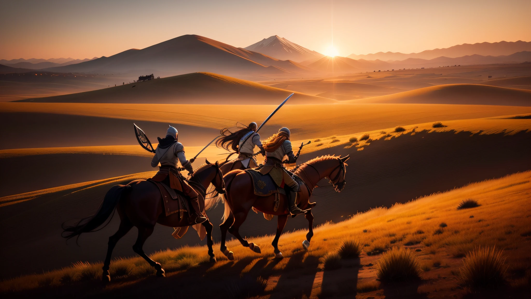 Riders with a spear and a sword pursue a warrior fleeing from them. In the background sunset, hills and steppe