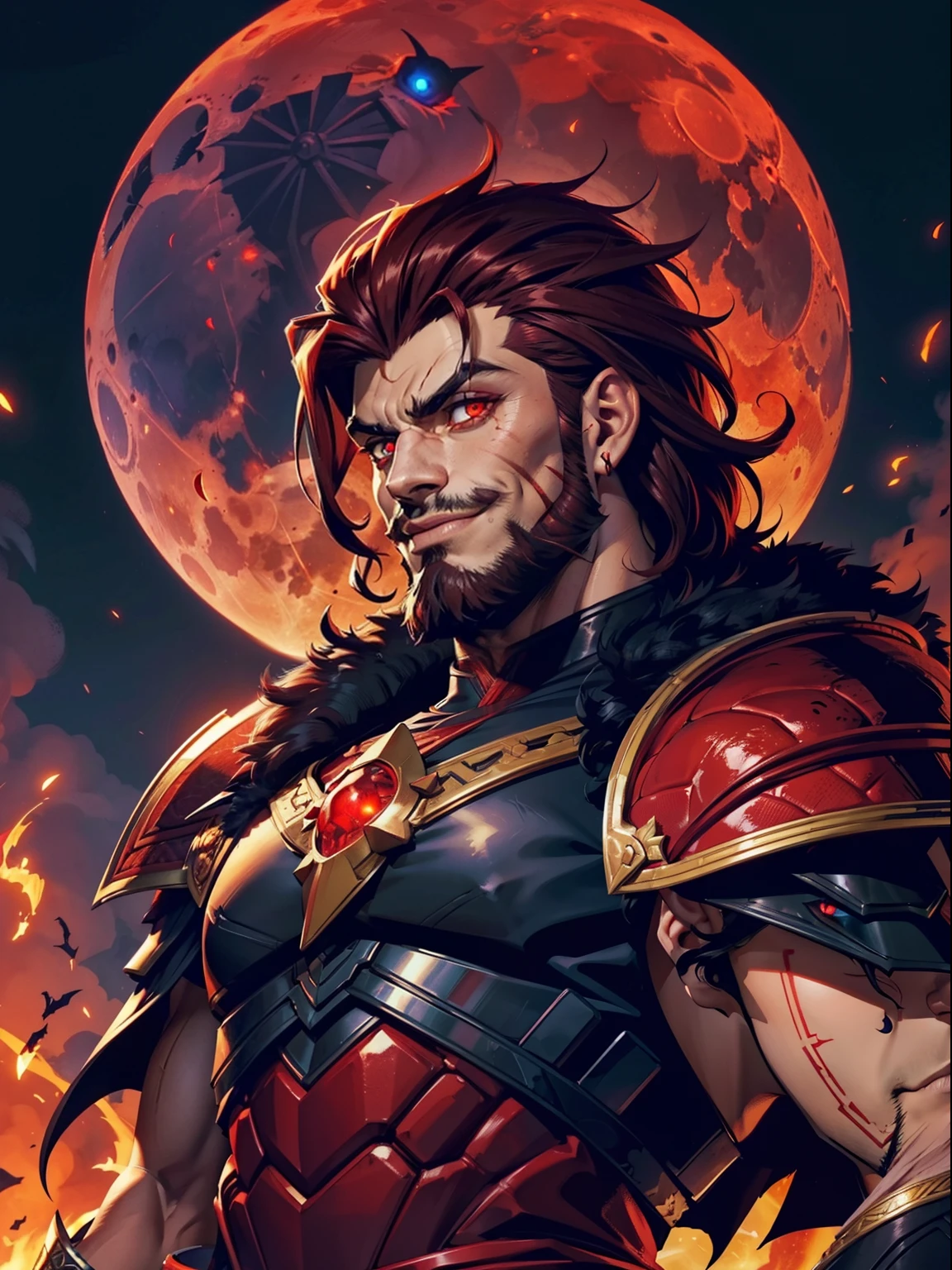 Dark night blood moon background, Hades style, game portrait. Sadurang from Marvel, hunk, buffed physics, short mane hair, mullet, defined face, detailed eyes, short beard, glowing red eyes, dark hair, wily smile, badass, dangerous. Wearing full armor with red dragon scales, cape of furs. Breath fire.