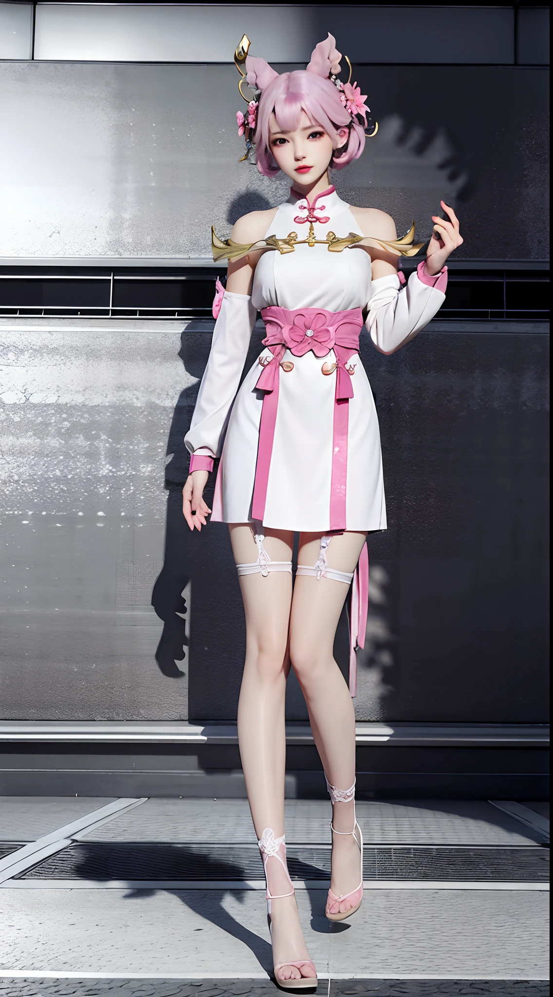 Pink hair a short bob Beautiful breasts qipao dress