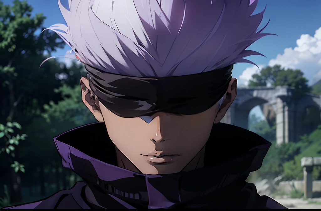 ((Best quality)), ((masterpiece)), ((realistic)), boy, white hair, black outfit, dark blindfold, purple sphere, hollow purple, ((no eyes)),