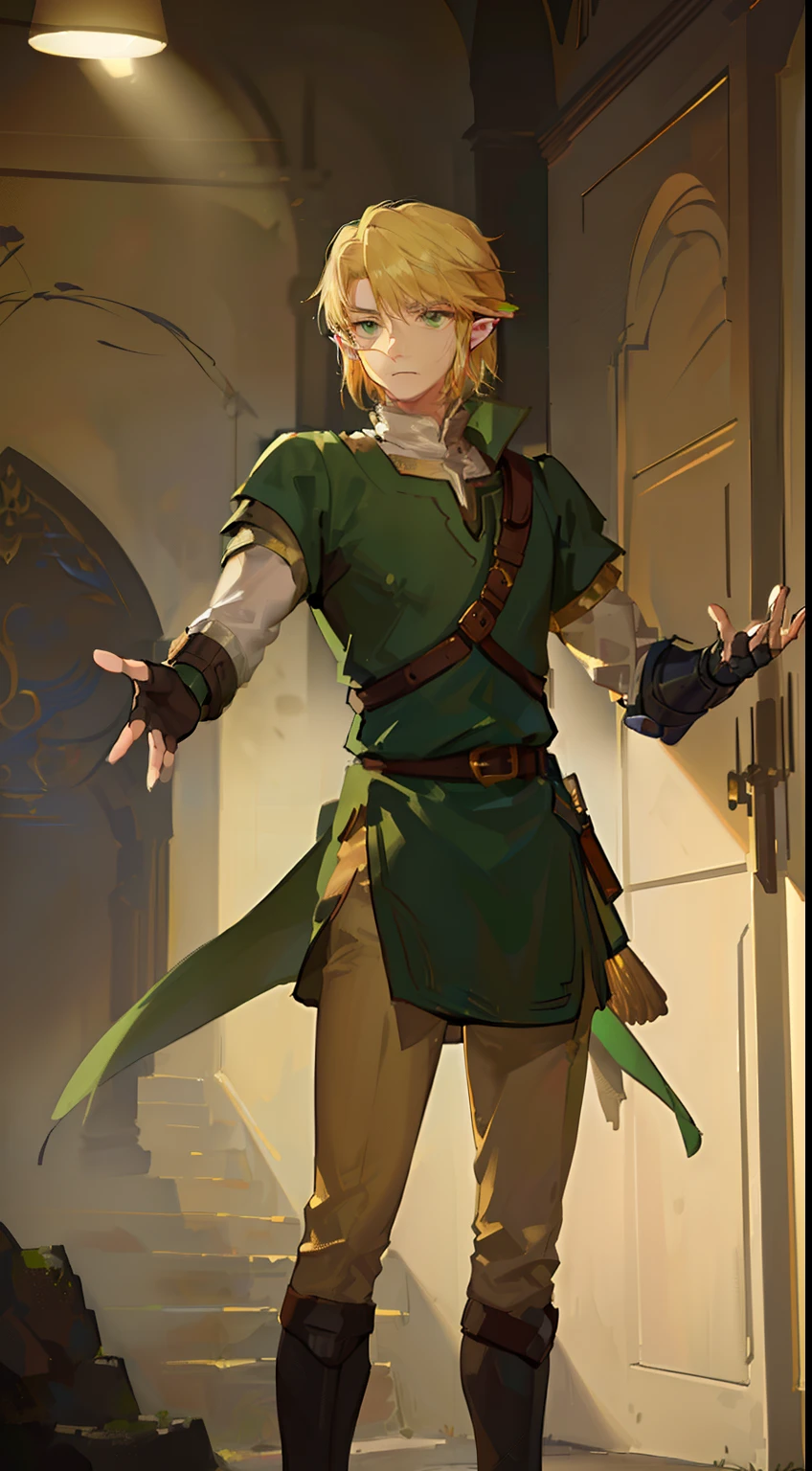 Young guy, short blonde hair, green eyes, scar on his face, light knightly armor, open hands, masterpiece, high quality, link,