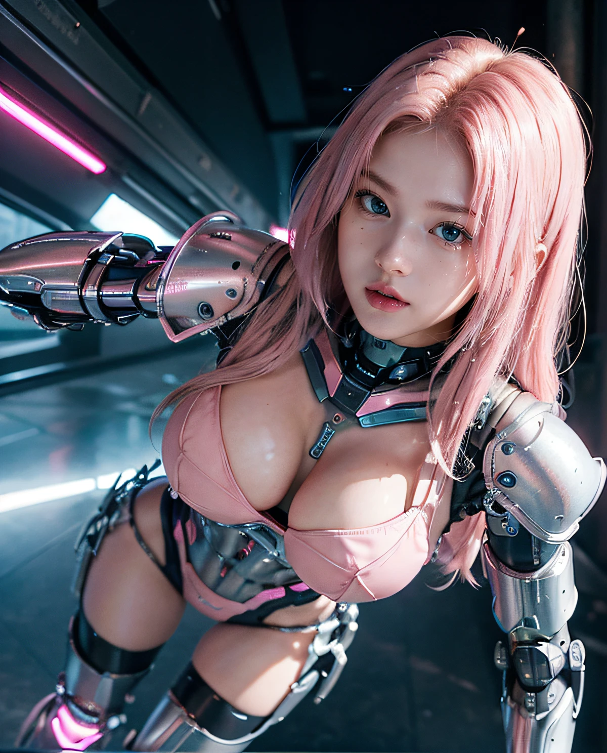 1girl, (Blue Eyes), happy face, (Sana Minatozaki), wide hips, Big Boobs, big ass, (Best Quality, 8k, Masterpiece: 1.3), Clear Focus: 1.2, Perfect Body Beauty: 1.4, Slender Abs: 1.2, Highly detailed face and skin texture, detailed eyes, double eyelids, red lips, (blonde long hair), (pink full body cybersuit full combat armor, futuristic combat armor, cybernetic full armor :1.3), (fast running), (city at night)