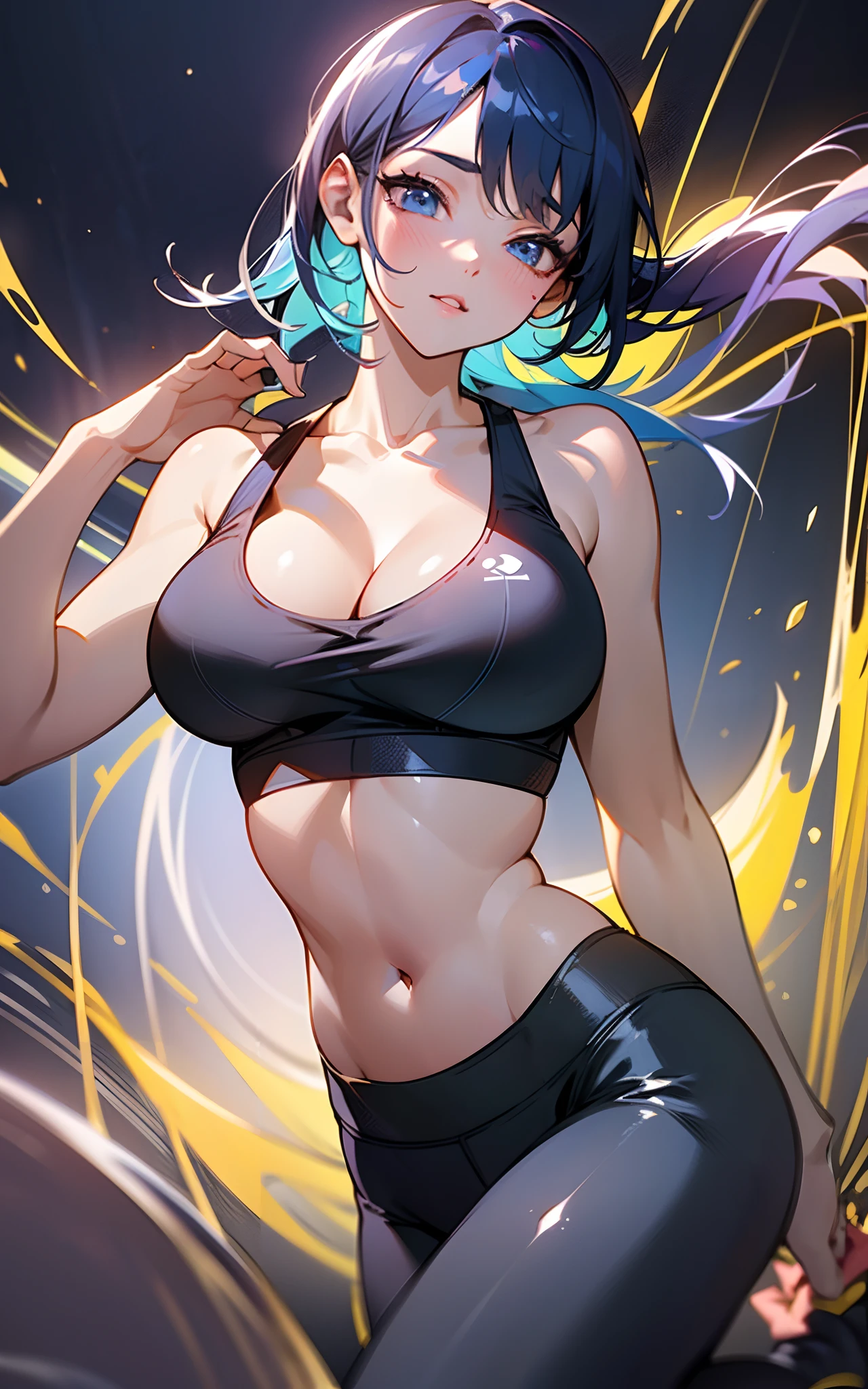 ((unity 16k wallpaper, masterpiece, best quality, ultra-detailed, extremely detailed CG, caustics, cinematic lighting, detailed, beautiful detailed eyes, NSFW: 2.0, 25 years old, dynamic pose、curby)), erotic, sexy, ultra high-definition, ((cleavage)), fine skin, (cute: 1.2), collarbone, ((JPOP idol)), ((attractive)), (sports bra、yoga pants)、vivid