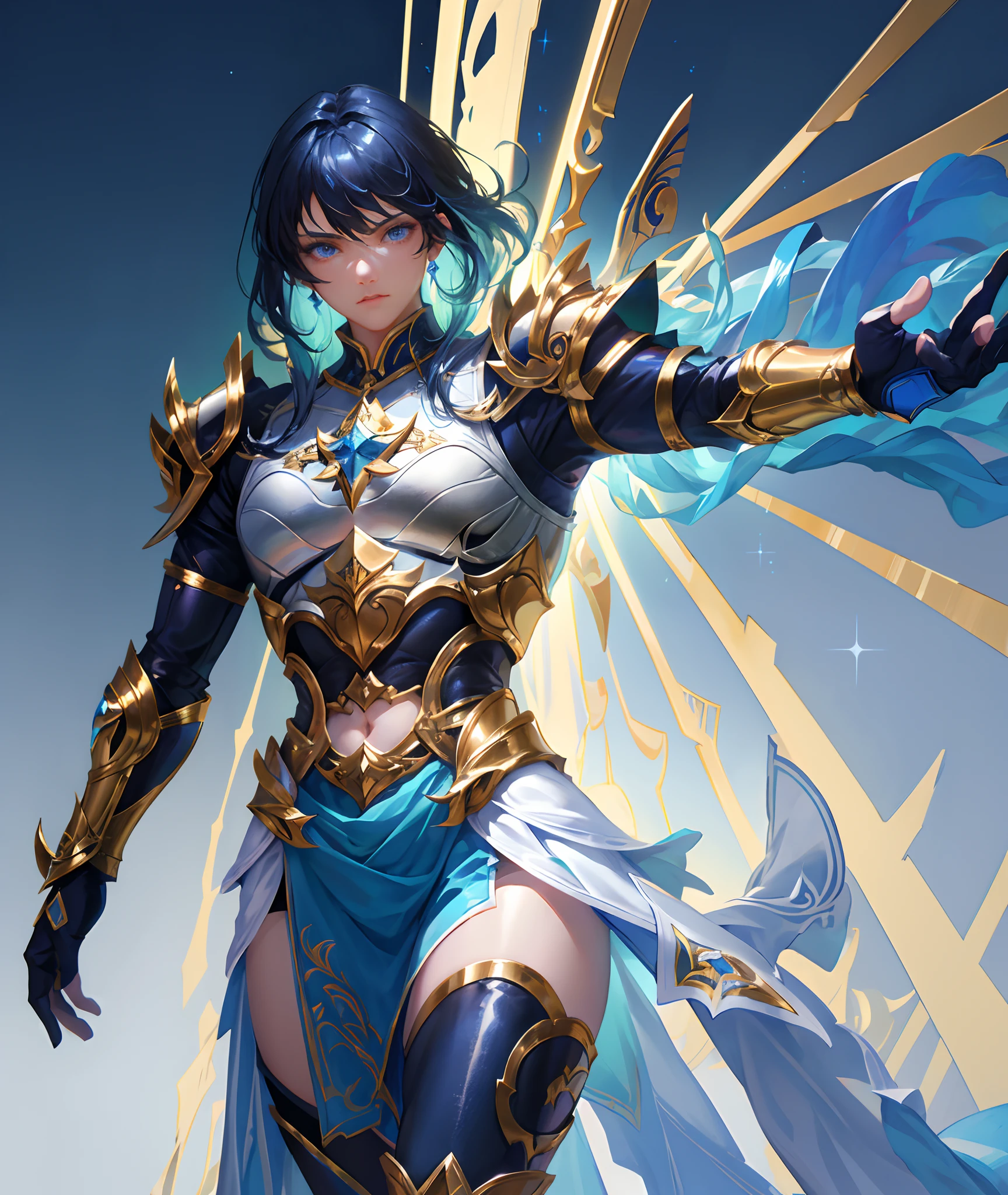 Ultra-high saturation，（tmasterpiece）， fully body photo，（best qualtiy）， （1girll）， starryskybackground，Wearing shiny gold armor， Sexy lingerie type armor，Expose your chest，Expose the waistline，Exposing thighs，cool-pose， Saint Seiya Armor， messy  hair，high detal, Anime style, Cinematic lighting, Sparkle, god light, Ray traching, filmgrain, hyper HD, textureskin, super detailing, Anatomical correct, A high resolution，Ultra-high saturation，hight contrast，High-gloss armor，Smooth skin，Serious expressions,Dark room,