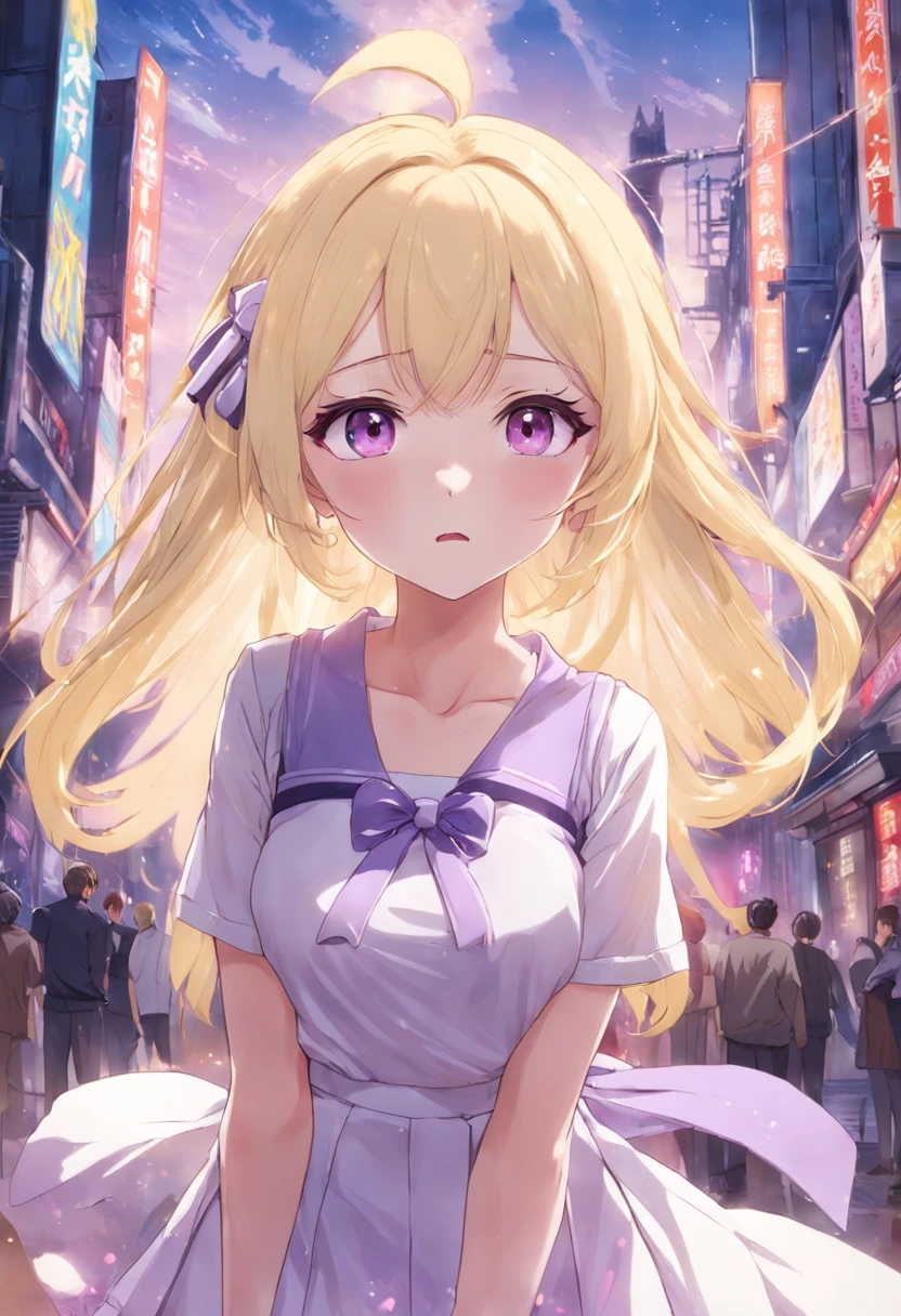 The sweet heroine in the idol drama is gentle and lovely, with long purple hair, personality lips, white tight-fitting short sleeves, light yellow skirt, high quality and 4k HD.