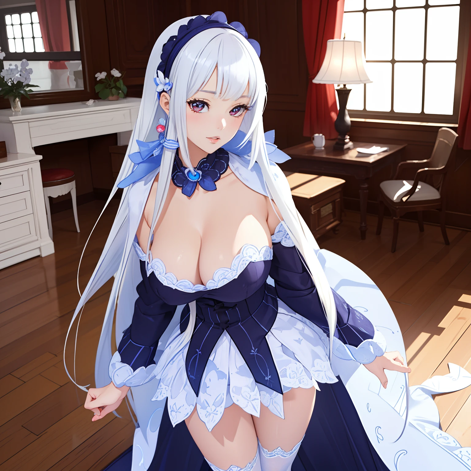 ((Best quality)), ((Masterpiece)), ((Ultra-detailed)), (illustration), (Detailed light), (An extremely delicate and beautiful),A charming young girl,Dramatic perspective,Footjob,lacy stockings,NSFW,huge tit