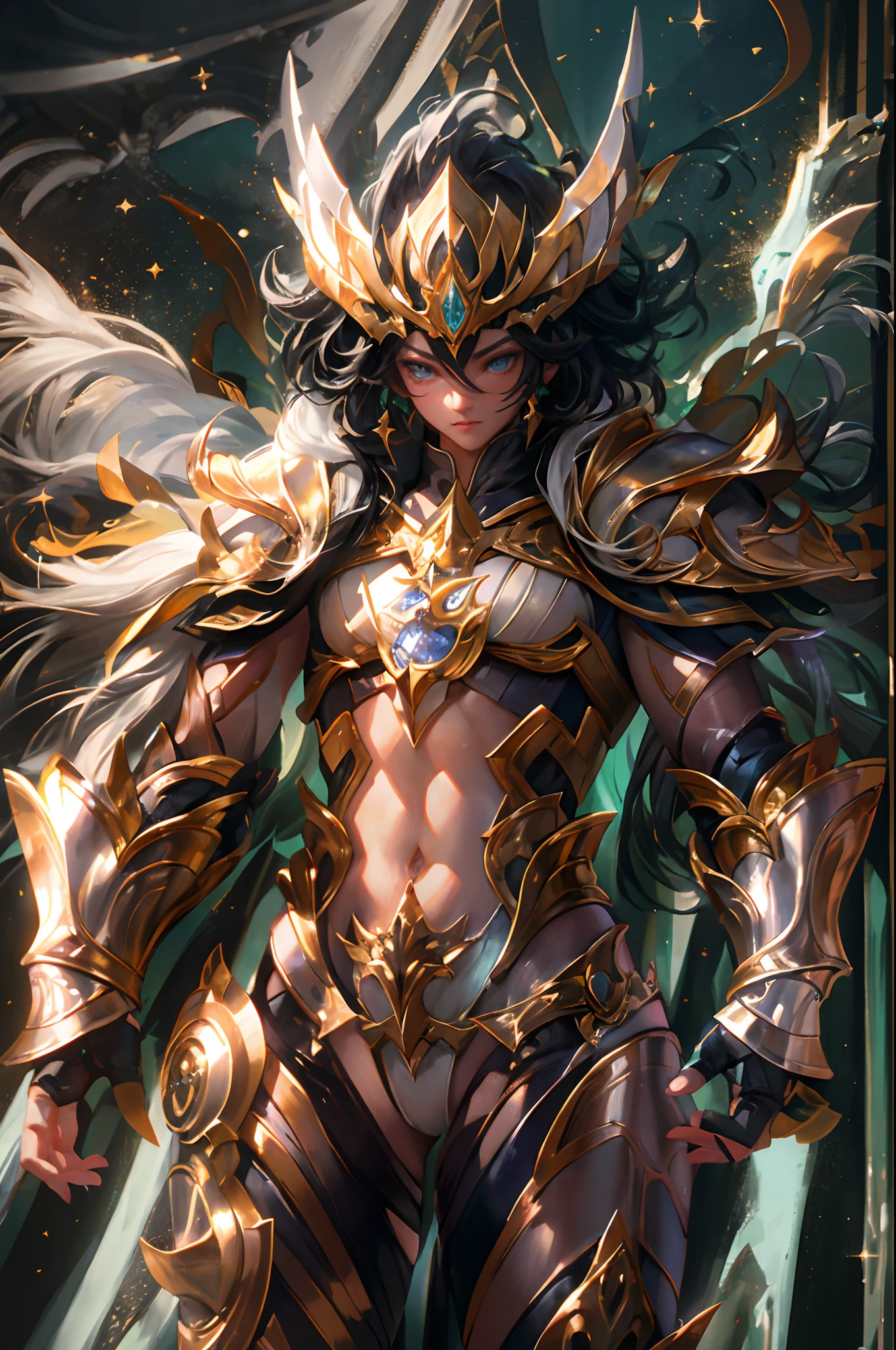 full body,Ultra-high saturation，（tmasterpiece）， fully body photo，（best qualtiy）， （1girll）， starryskybackground，Wearing shiny gold armor， Sexy lingerie type armor，Expose your chest，Expose the waistline，Exposing thighs，cool-pose， Saint Seiya Armor， messy  hair，high detal, Anime style, Cinematic lighting, Sparkle, god light, Ray traching, filmgrain, hyper HD, textureskin, super detailing, Anatomical correct, A high resolution，Ultra-high saturation，hight contrast，High-gloss armor，Smooth skin，Serious expressions,Dark room,