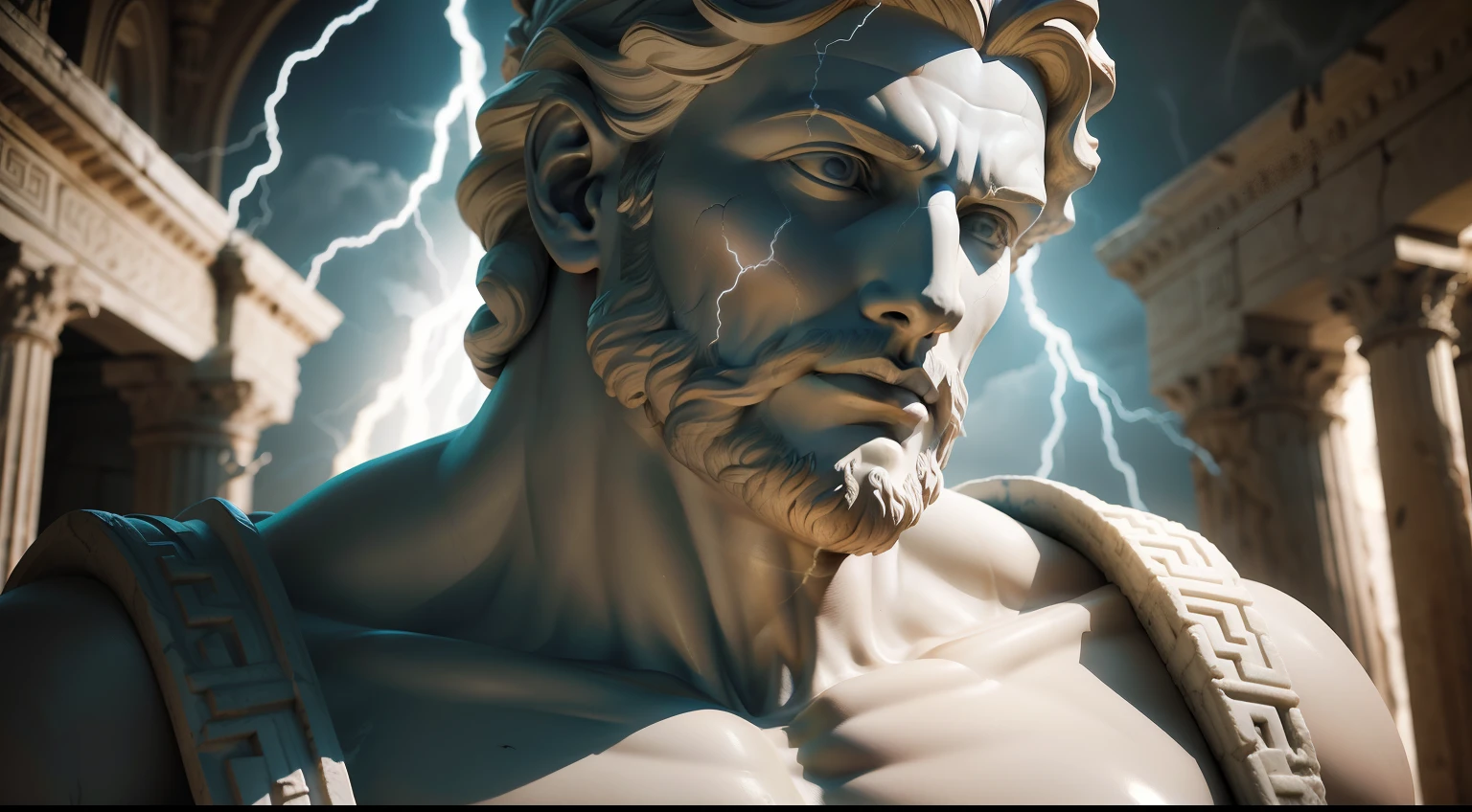 Cesar Greek statue marble sculpture portrait of a face of god in a destroyed place, barba, musculoso, corpo inteiro, with a spleen lifting a lightning bolt, Cinematography, epic light and shadow, alto contraste, fotografia profissional